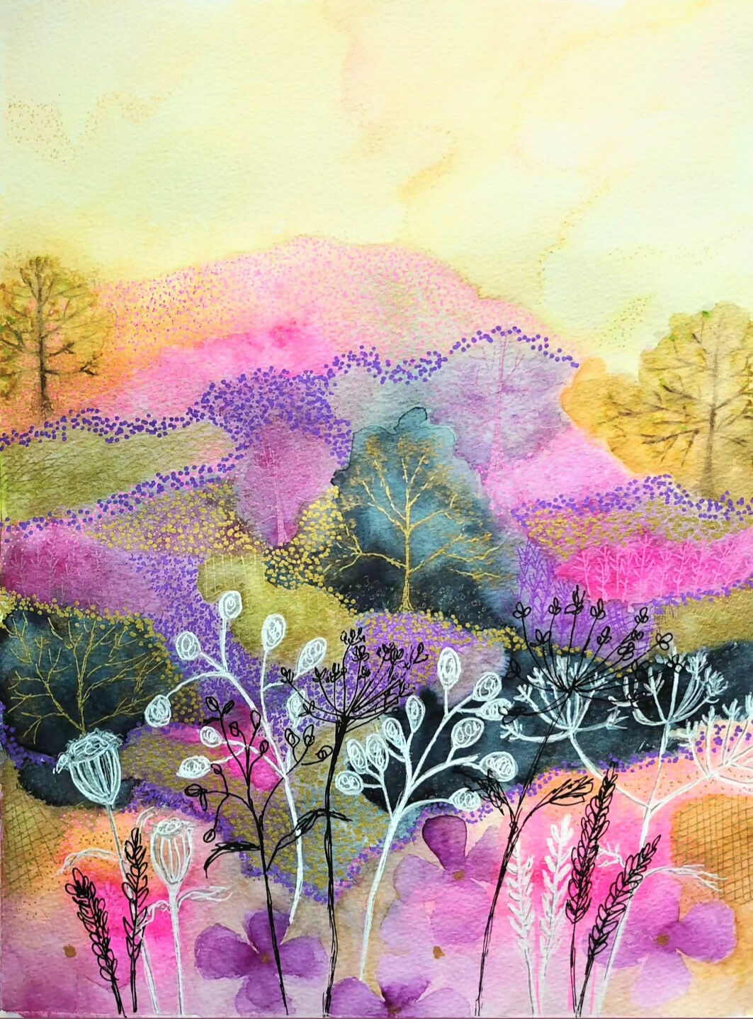 'Hedgerow in Late Summer' Original Mixed Media Painting