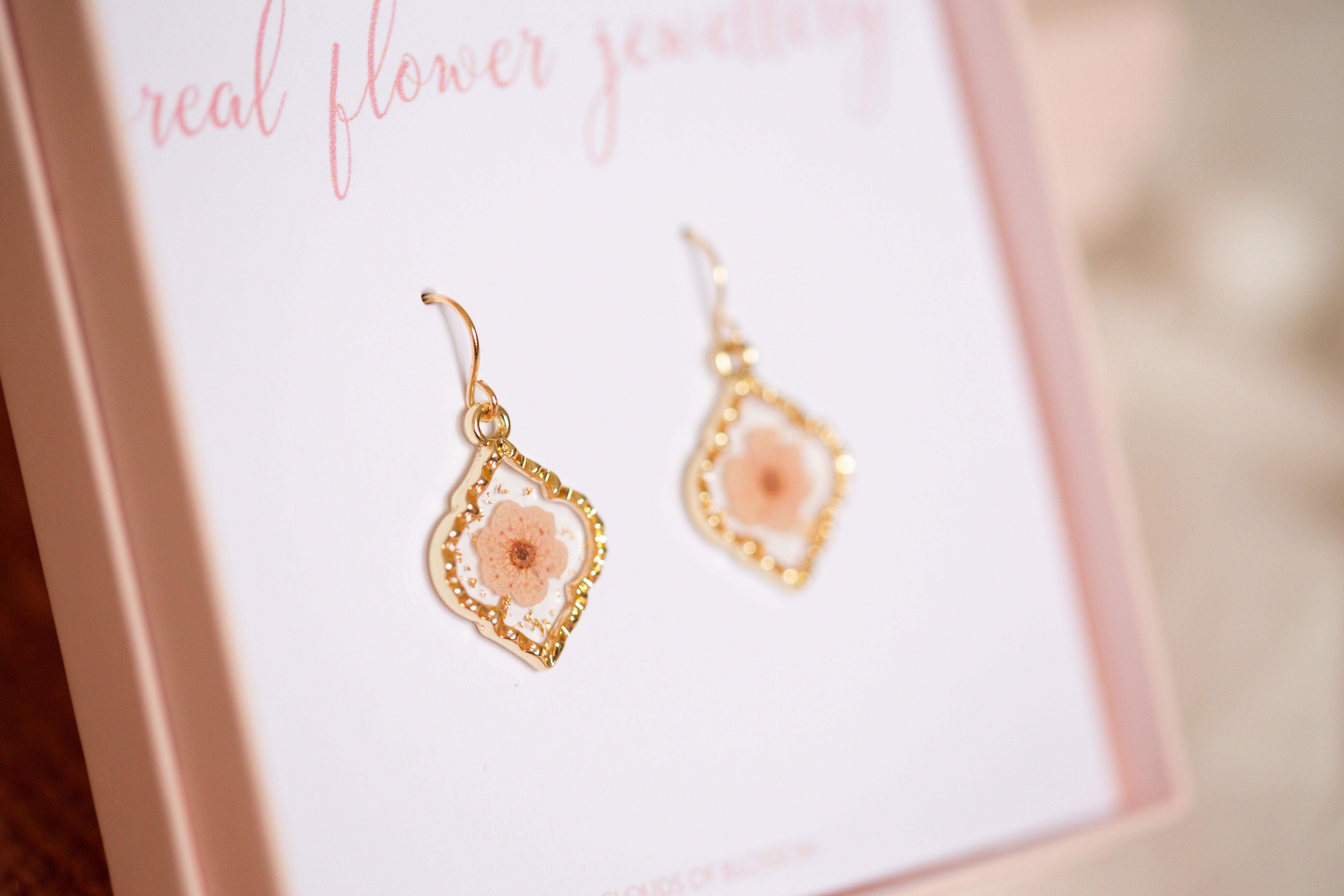Pale Pink Baby’s Breath Fancy Diamond Shaped Bezel Earrings Gold Plated