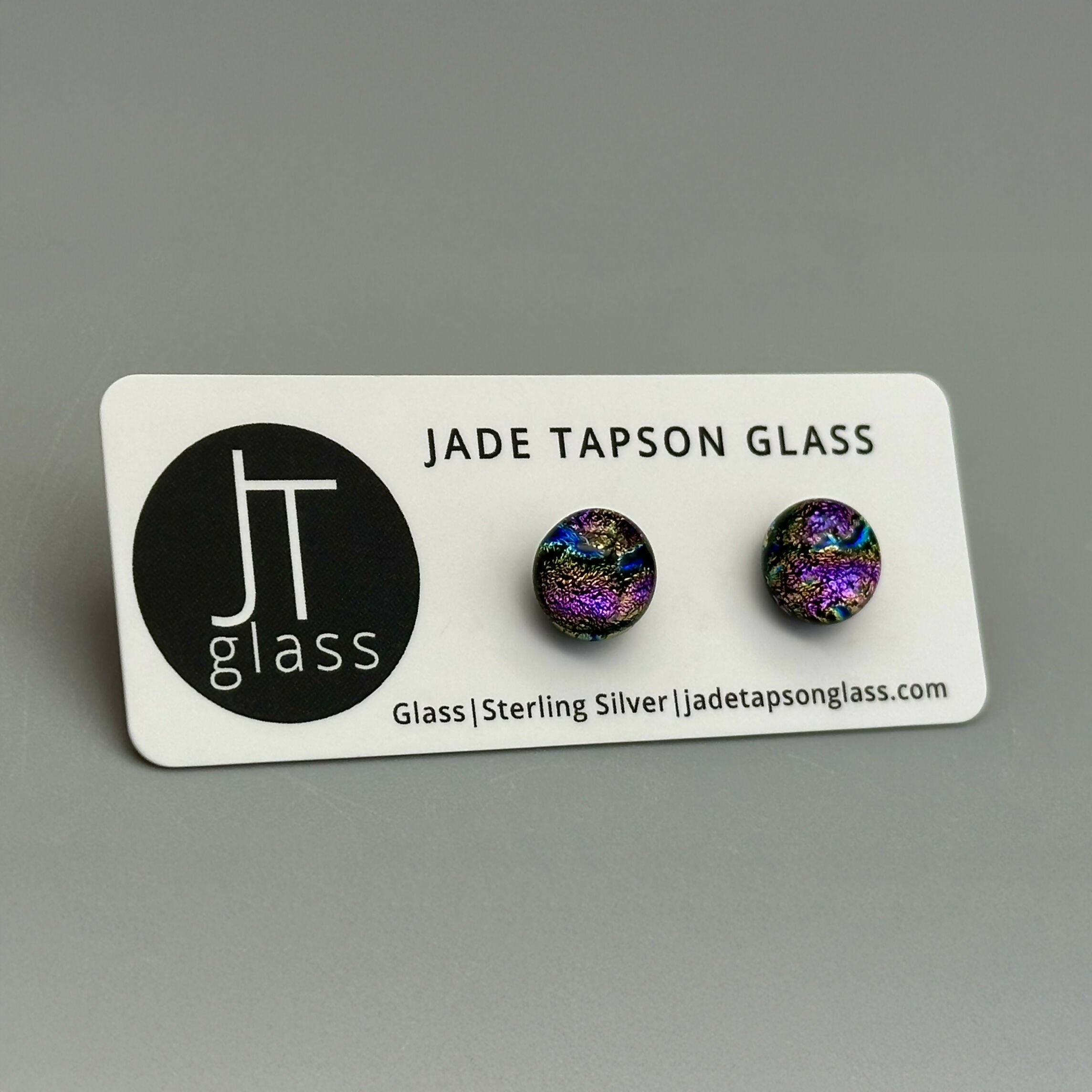 Rainbow Dichroic Fused Glass Sterling Silver Stud Earrings - Handmade by Jade Tapson Glass.