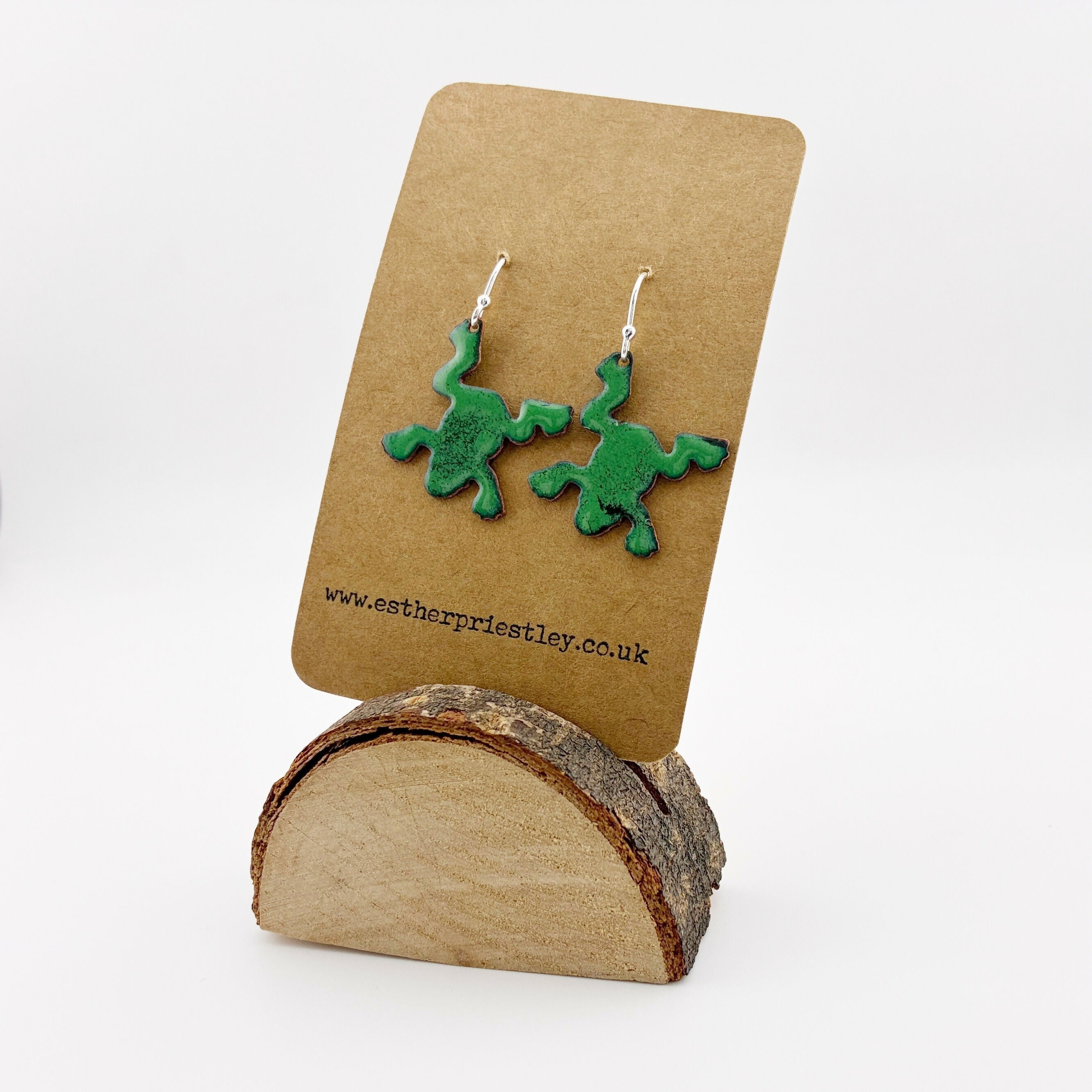 Green Enamel Frog Earrings on Sterling Silver Wires
