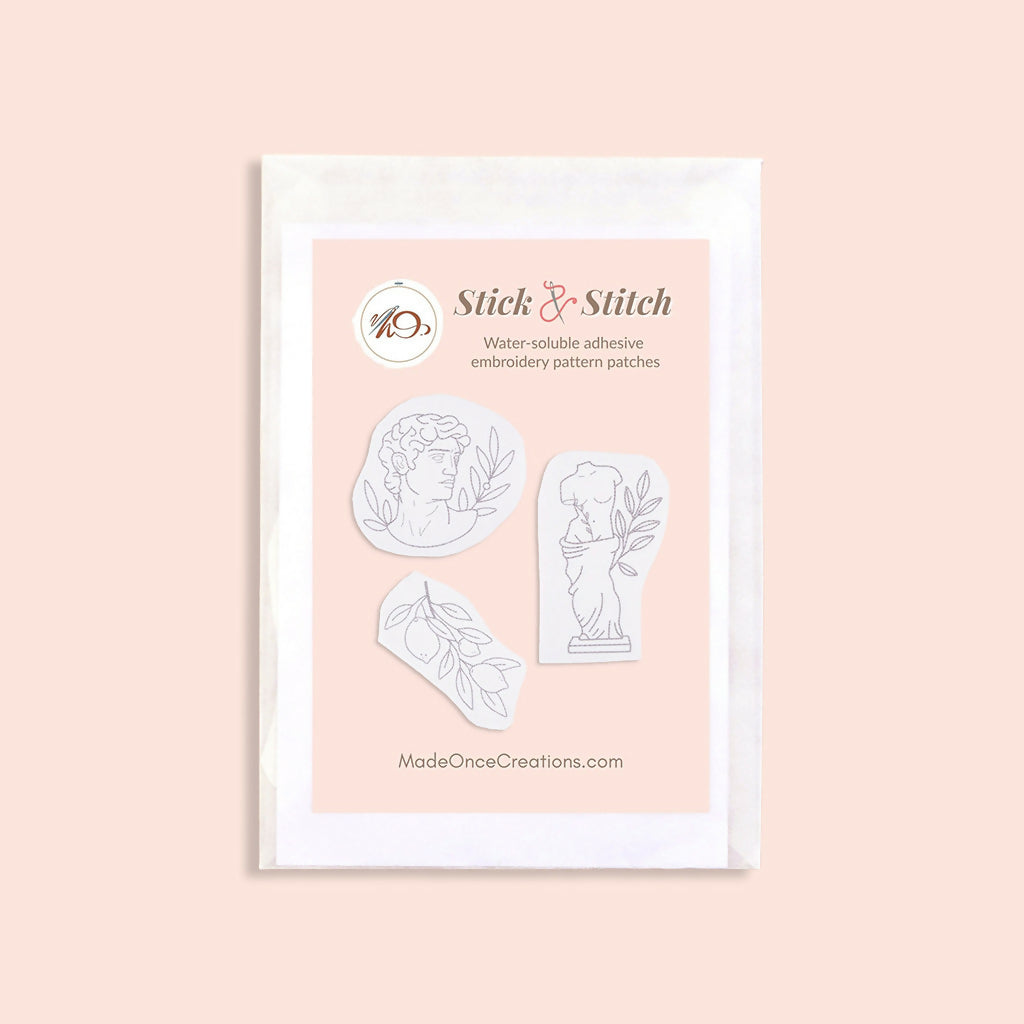 Ancient Garden Stick & Stitch Embroidery Patterns Set – Lemons Branch, Headless Statue & Ancient Head Designs