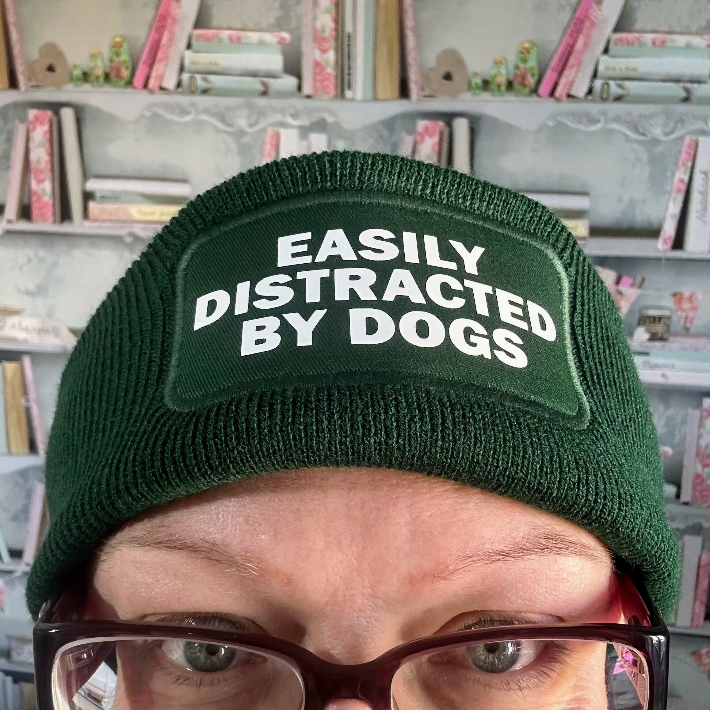 Easily Distracted By Dogs Cuffed Rectangular Patch Beanie Hat