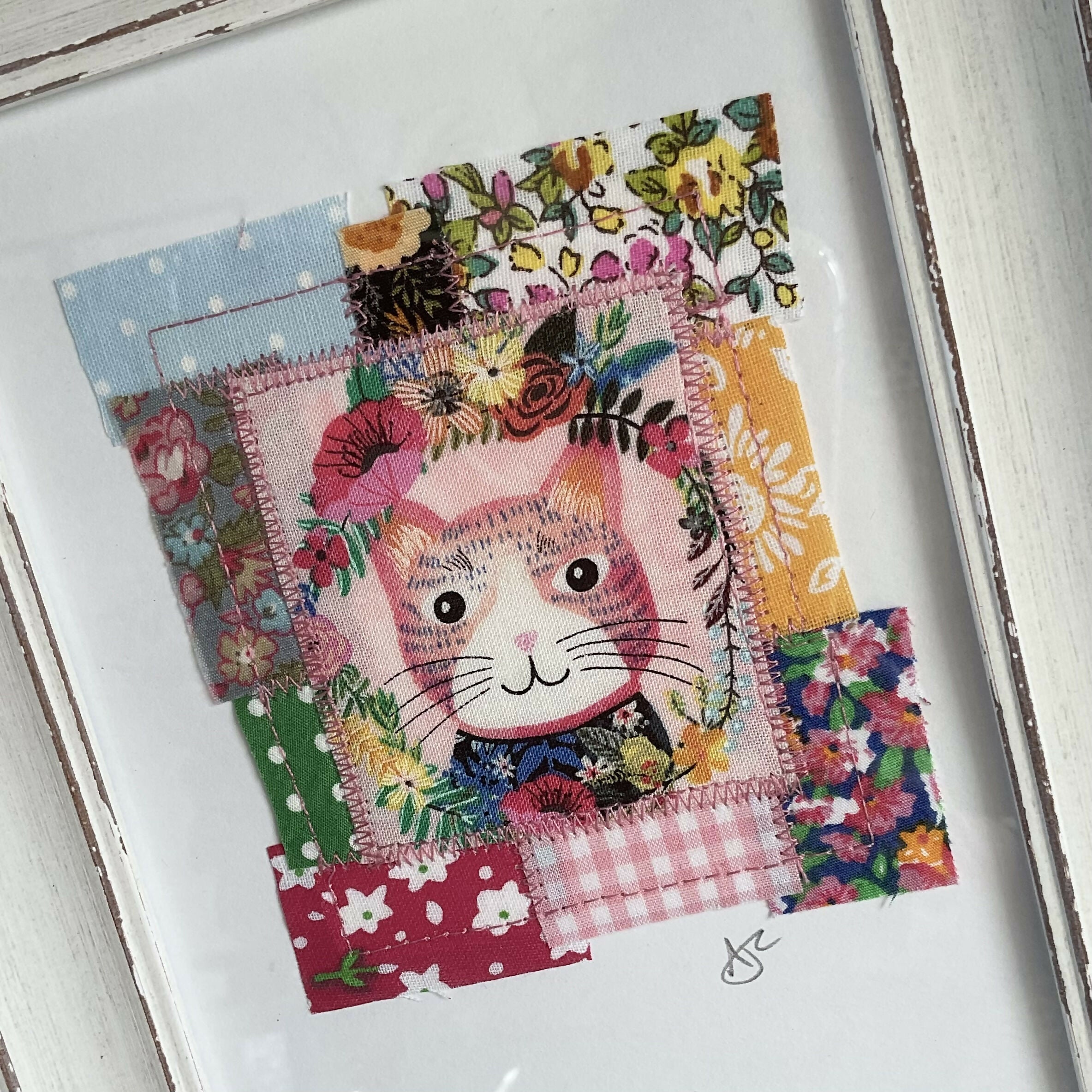 Fabric Cat Collage Framed Picture, Handmade Picture Pink Floral Kitten in White Frame, Unique Gift Cat Lover