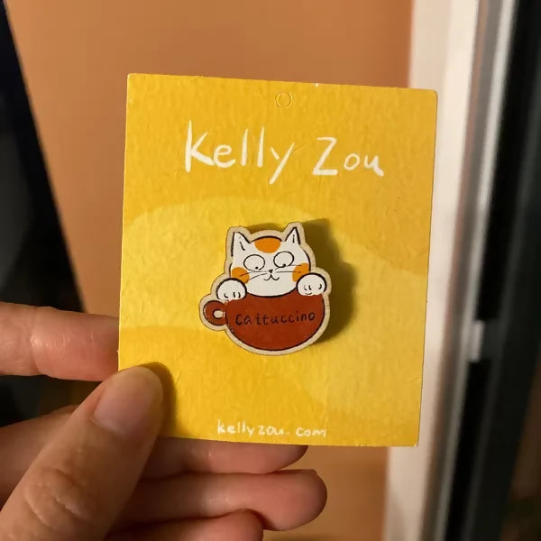 Wooden Cat Pin Badge Brooch