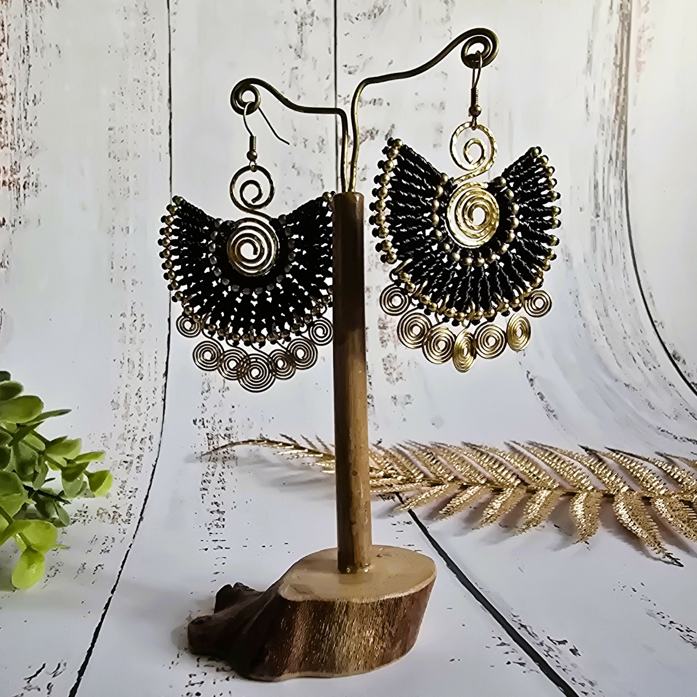 Egyptian Queen Earrings; Large Statement Black Macrame Gold Spirals Earrings