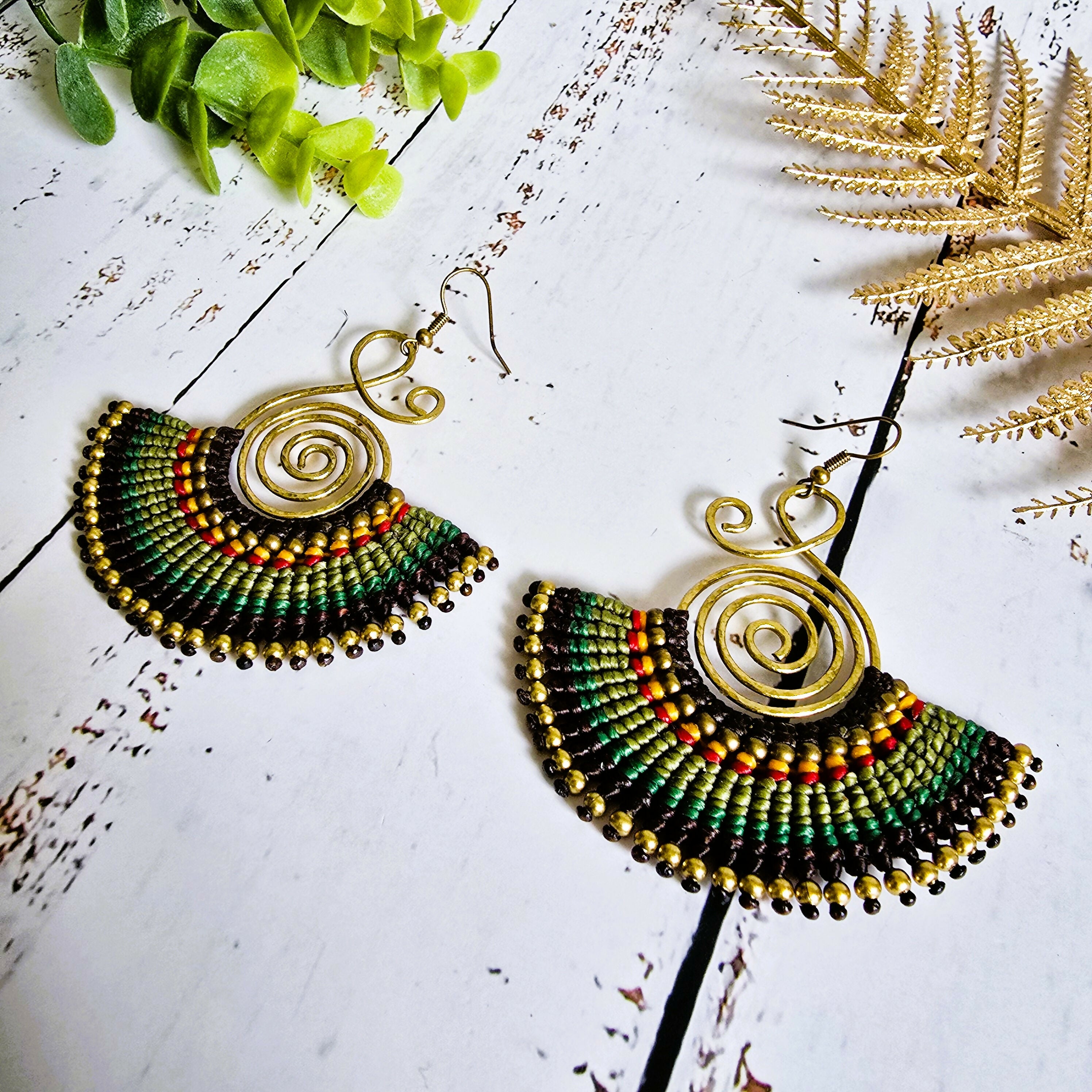 Emerald Green Fan Earrings; Bold Bohemian Macramé & Gold Wire-Art Statement Earrings