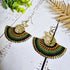 Emerald Green Fan Earrings; Bold Bohemian Macramé & Gold Wire-Art Statement Earrings