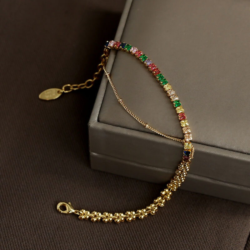 Multi-Color Zircon and Gold-Plated Dual-Chain Bracelet