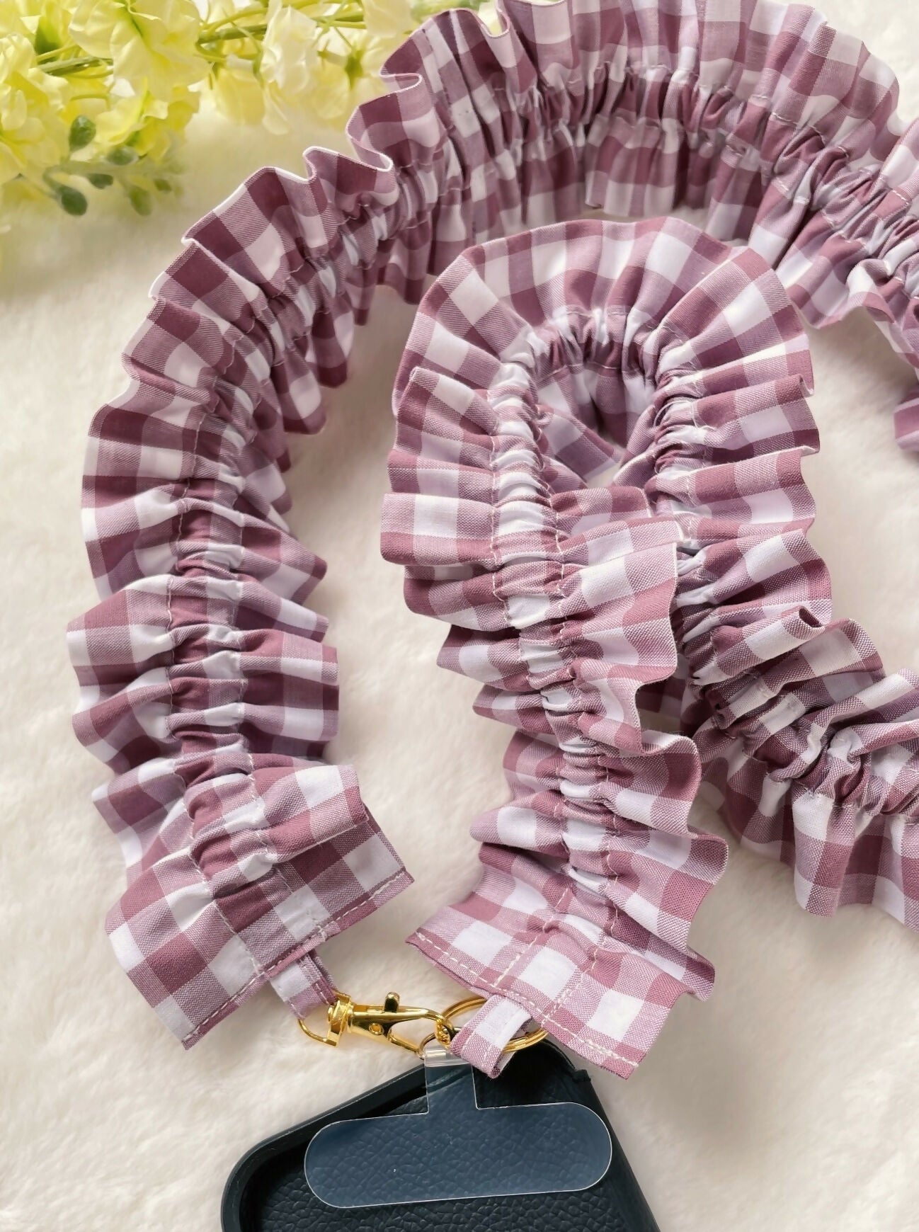 Handmade Ruffled Crossbody Phone Strap Mauve Gingham