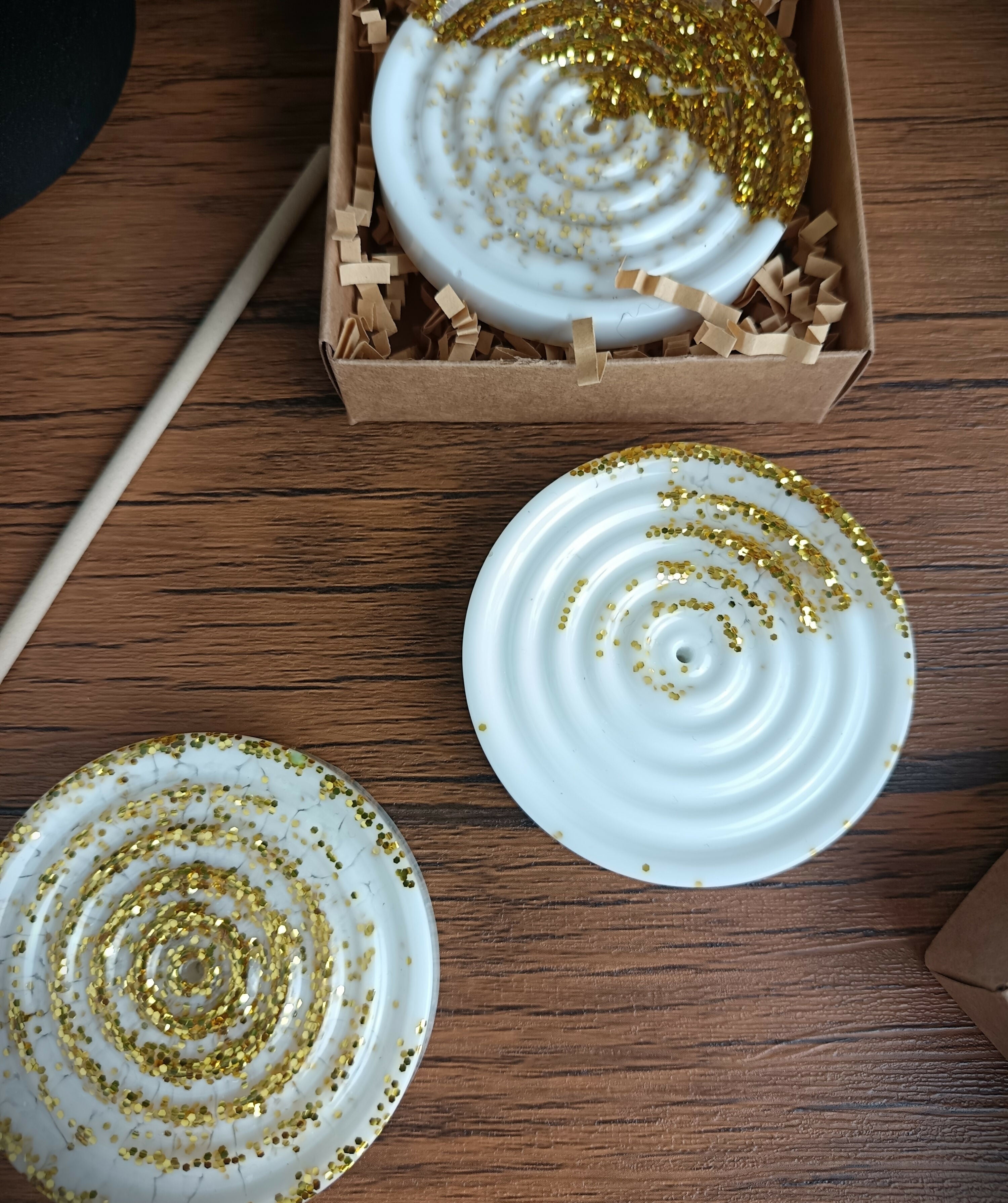 Incense Holder With Gold Glitter & White