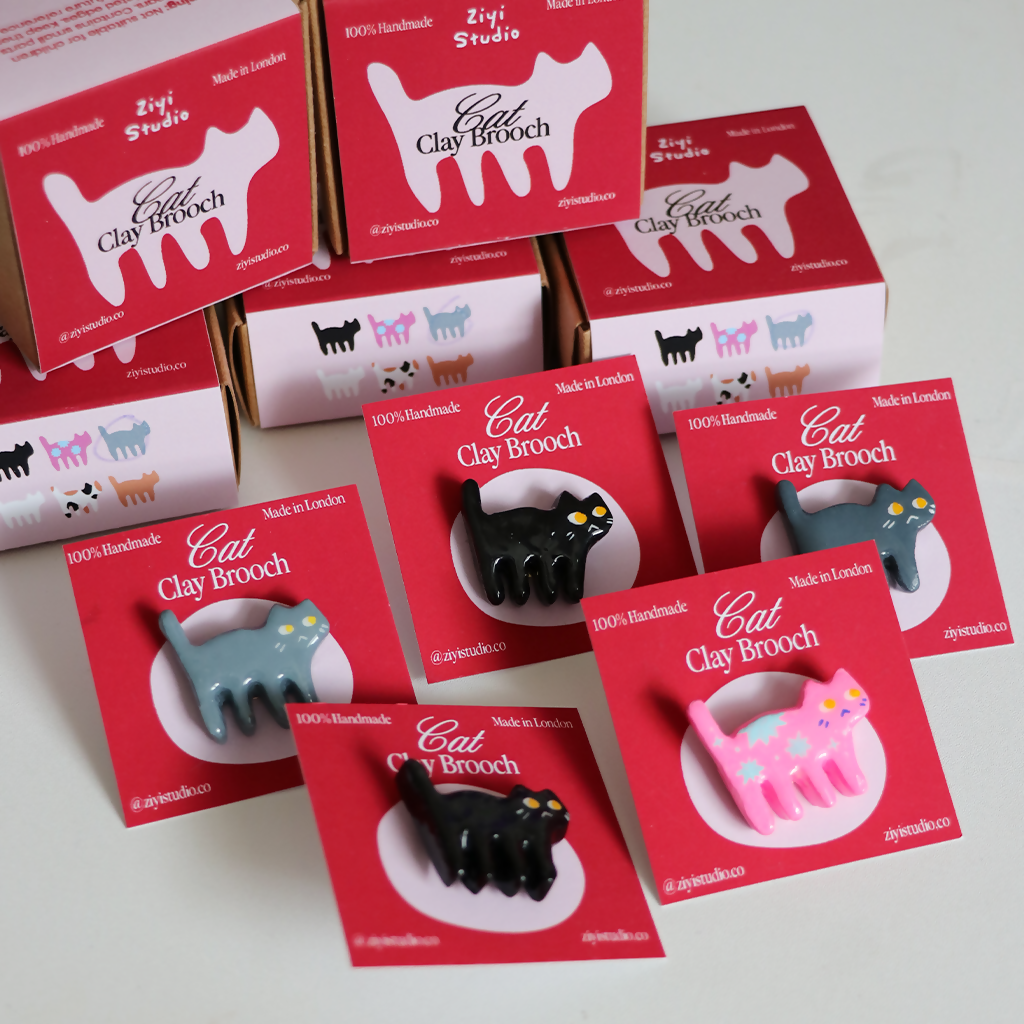 Handmade Cat Clay Brooch