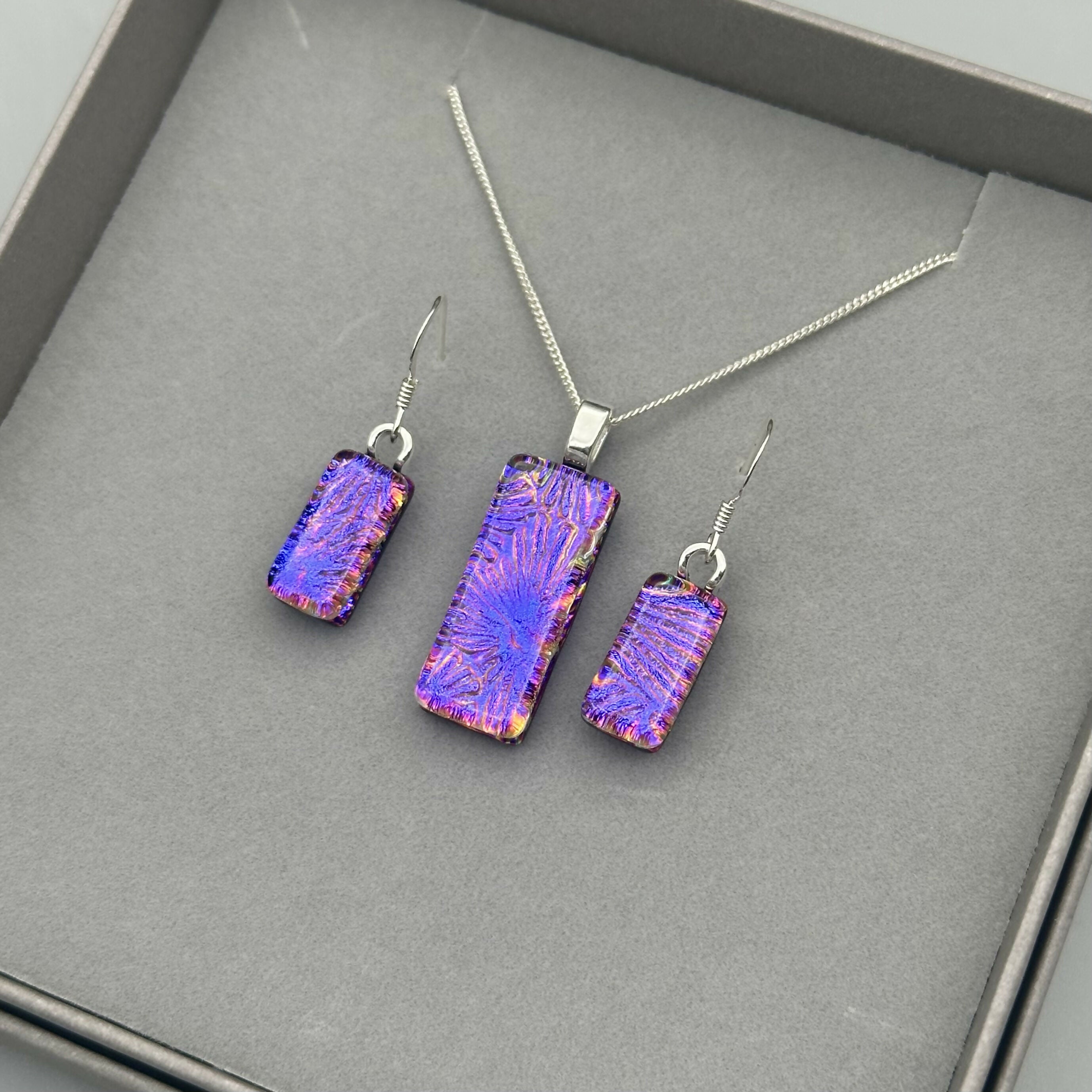 Pink & Purple Flower Dichroic Glass Necklace and Earrings Set - Sterling Silver, Handmade by Jade Tapson Glass.