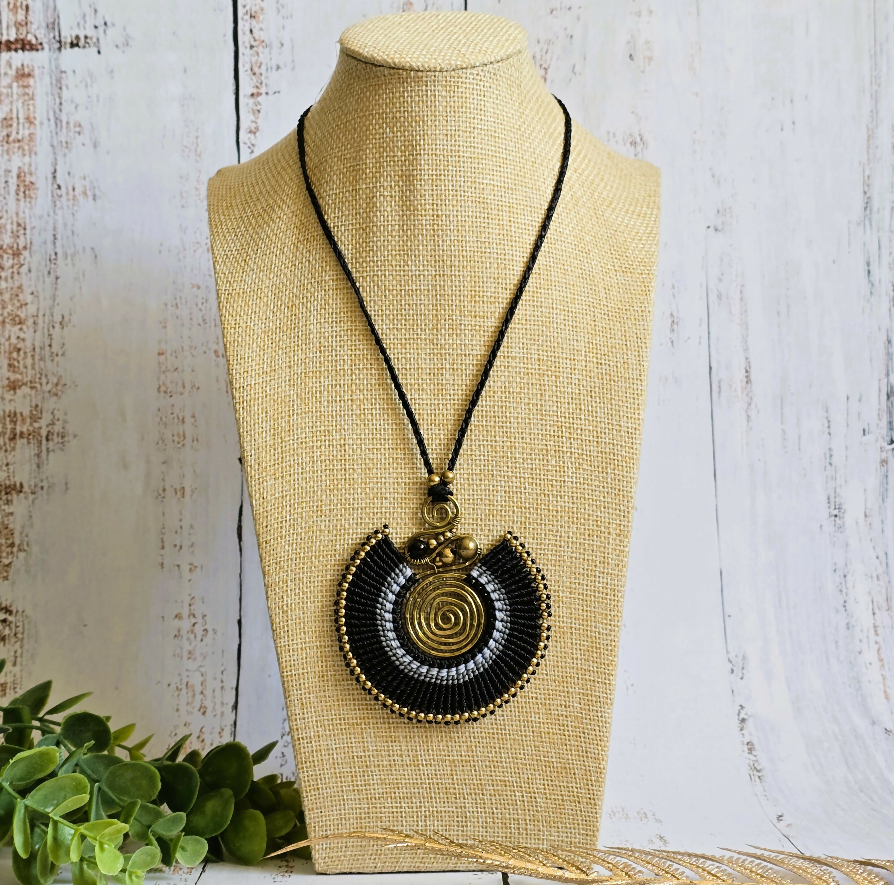 Black Agate Macramé Necklace; Full Moon Boho Statement Pendant with Gold Spiral