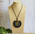 Black Agate Macramé Necklace; Full Moon Boho Statement Pendant with Gold Spiral