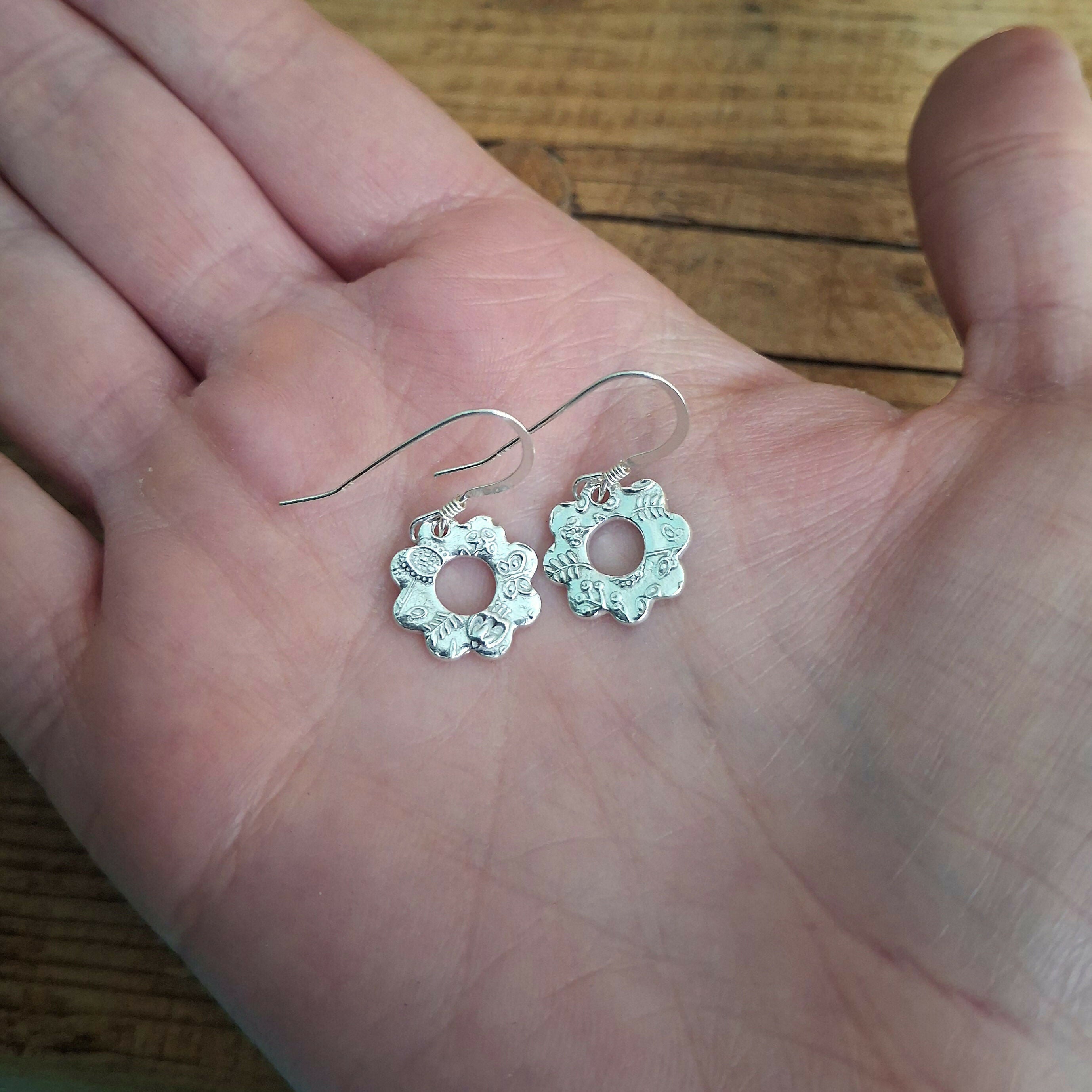 Handmade Silver Flower Earrings Botanical Texture