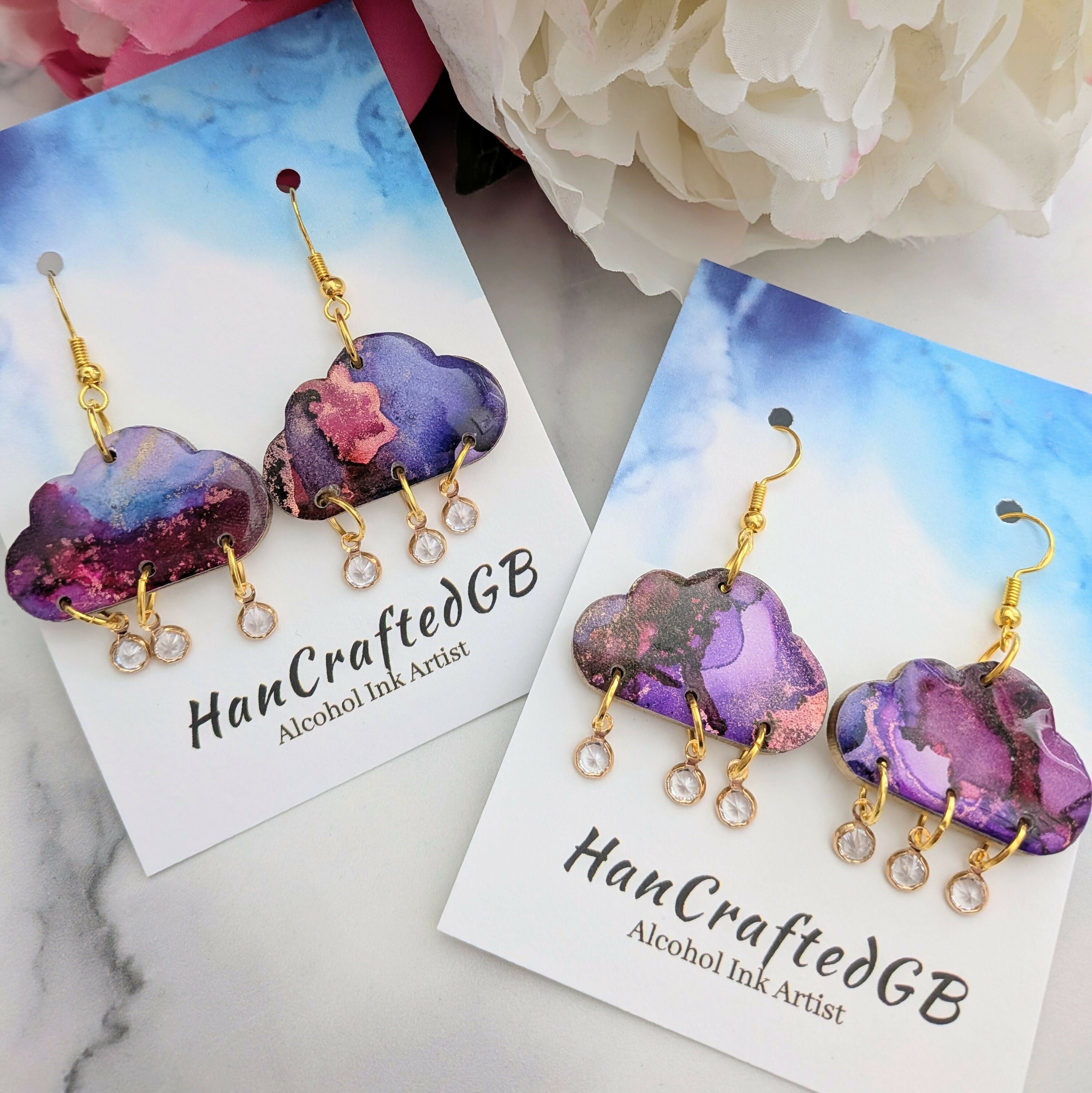 Stormy Rain Cloud Dangle Earrings, Alcohol Ink Art