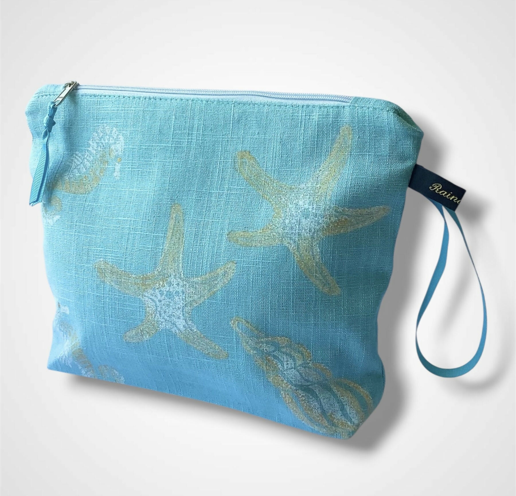 Sky Blue Sea Shells Linen Women’s Makeup Bag