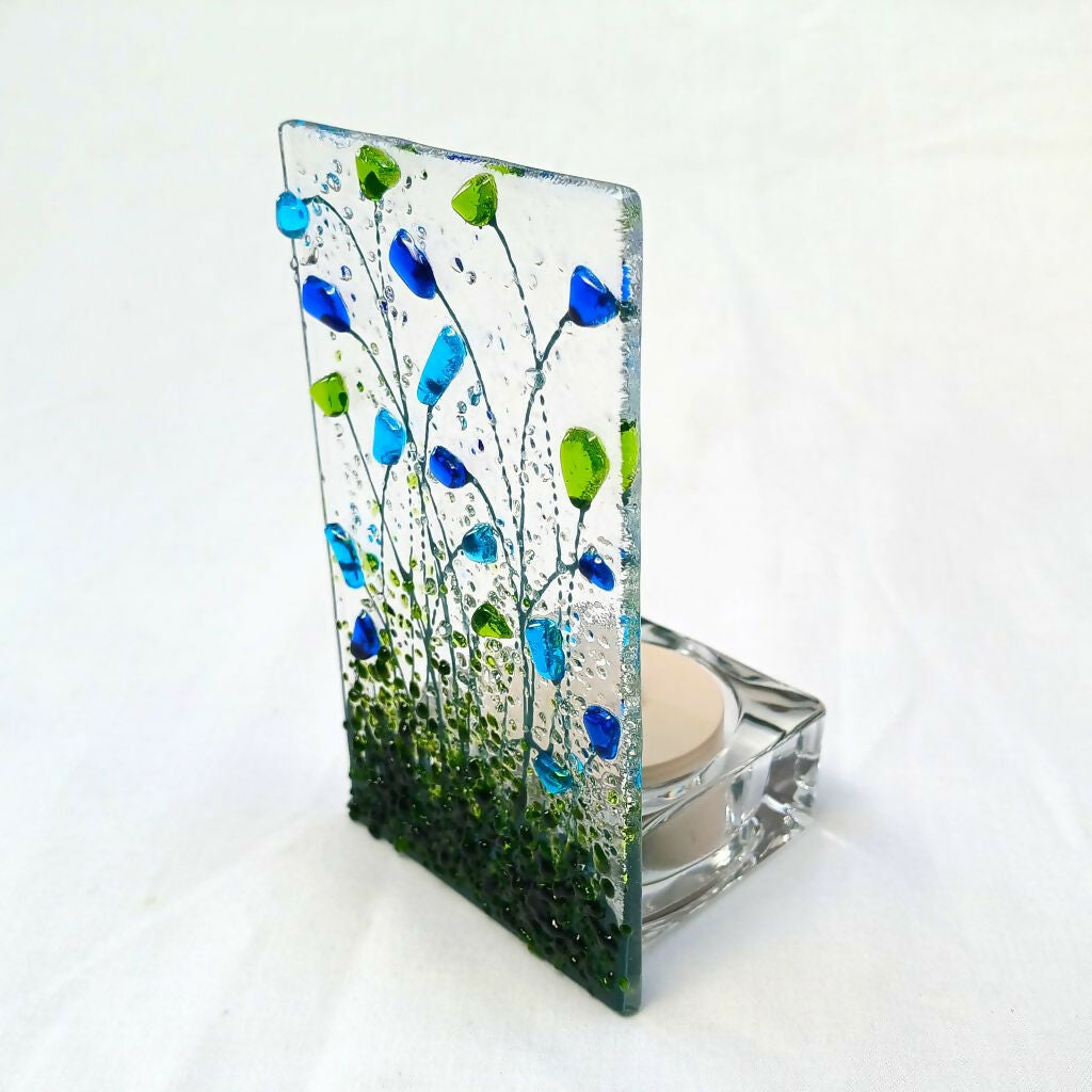 Handmade Fused Glass Tea Light Holder with Blue & Green Flowers