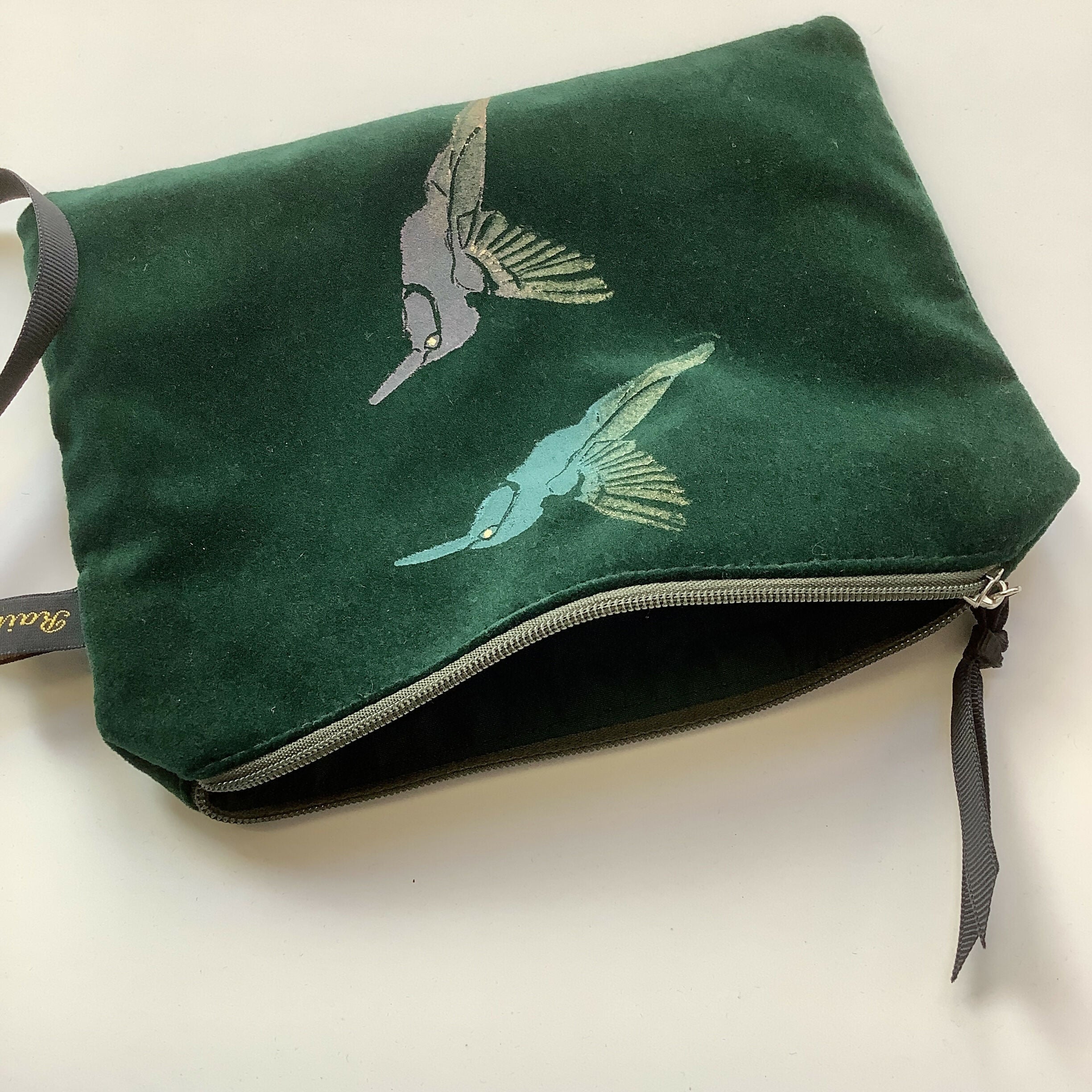 Green Hummingbirds Velvet Zip-Up Pouch with Wrist Strap