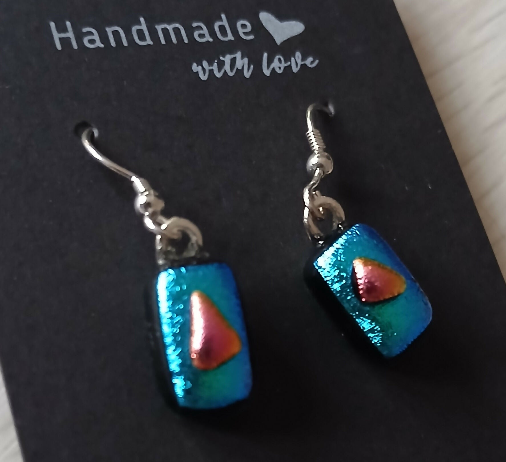 Fused Dichroic Glass Earrings in Green and Pink with Sterling Silver Hooks