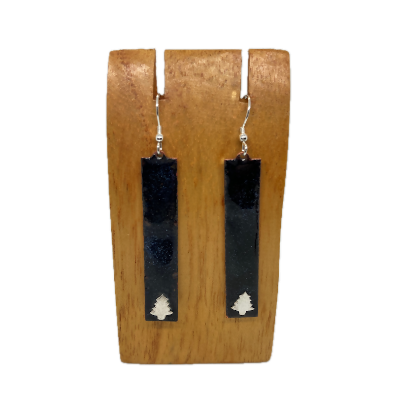 Black Enamel Drop Earrings With Fine Silver Christmas Tree