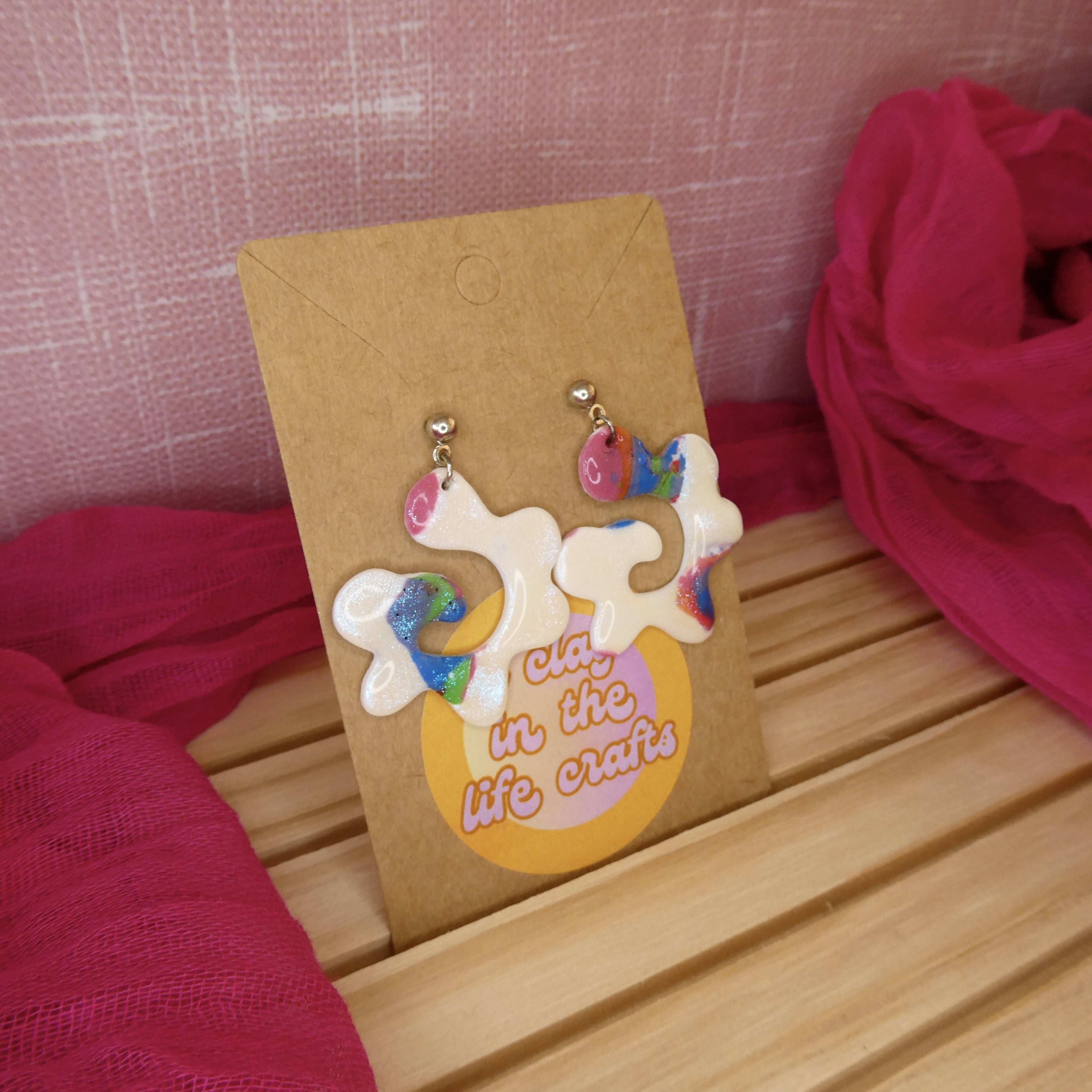 Shimmery White Swirl Polymer Clay Earrings With Multicoloured Splodges