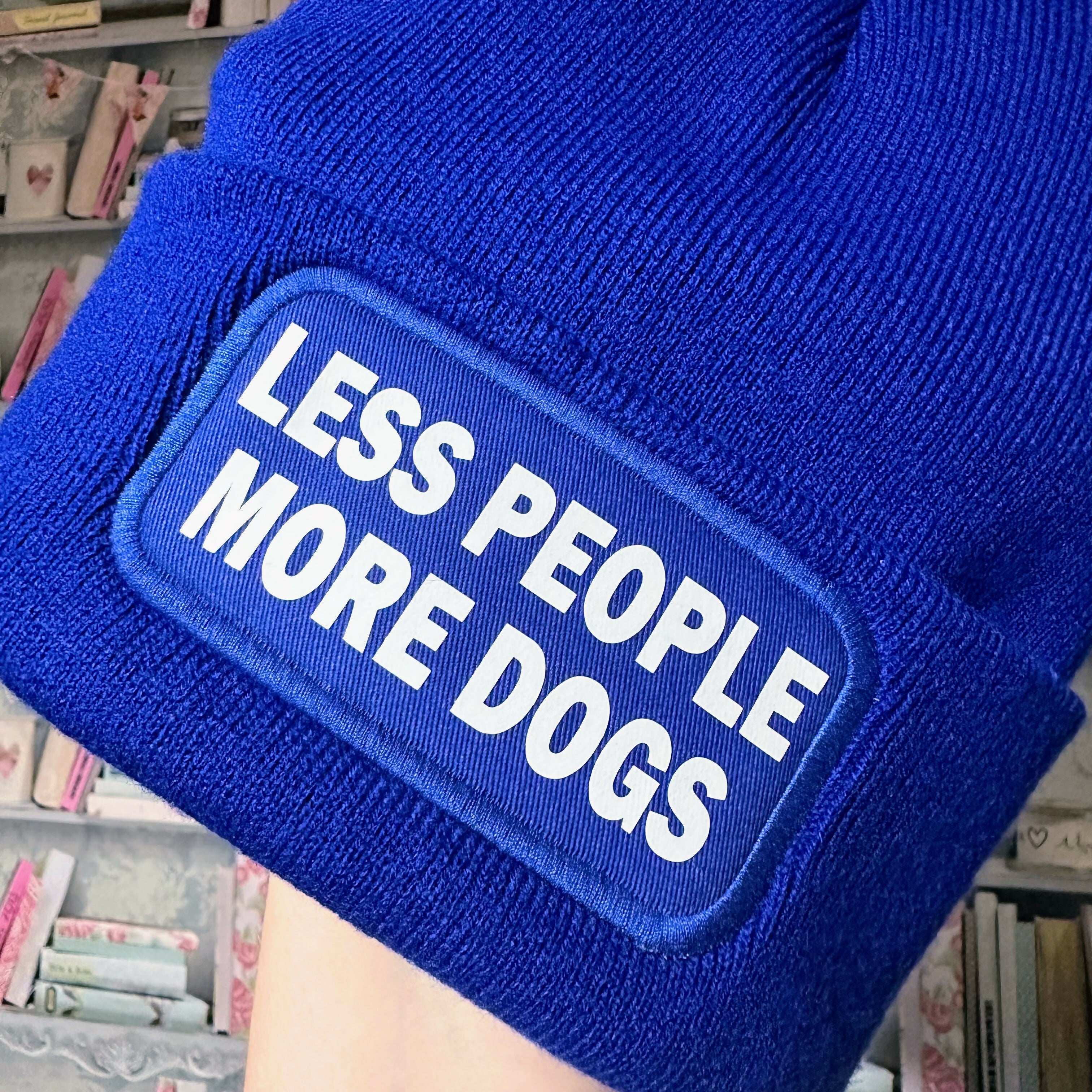 Less People More Dogs Cuffed Rectangular Patch Beanie Hat