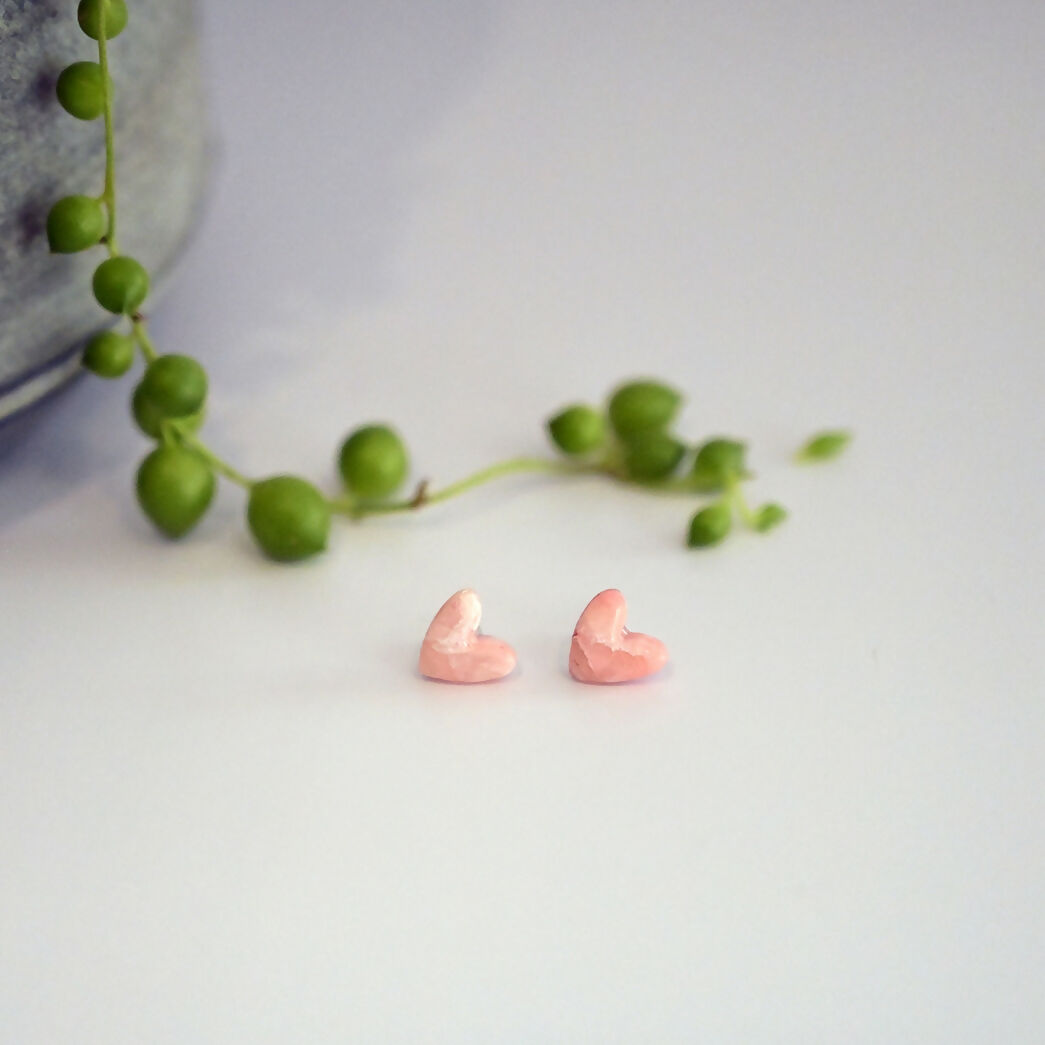 Pink Marble Heart Stud Earrings - Handmade Polymer Clay - Polly Plant