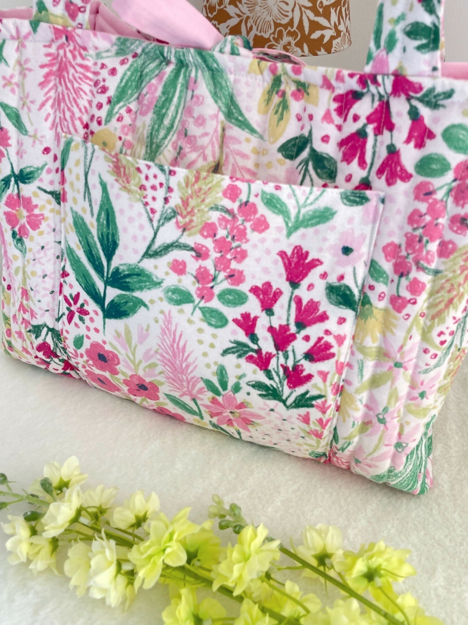 Quilted Tote Bag Pink Floral Design with Ribbon Closure Handmade in UK