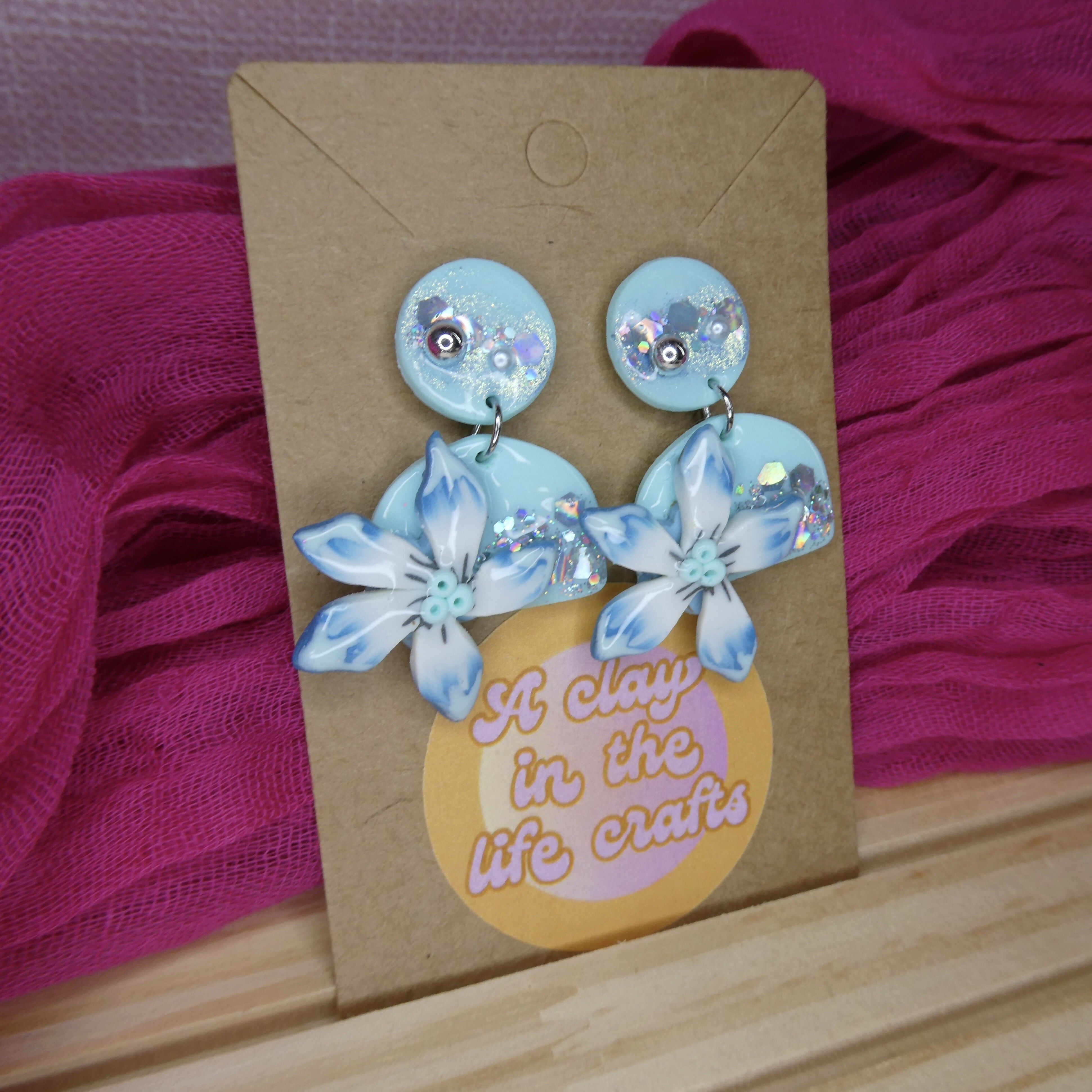 Duck Egg Mint Floral Polymer Clay Earrings With Pearl And Glitter Detail