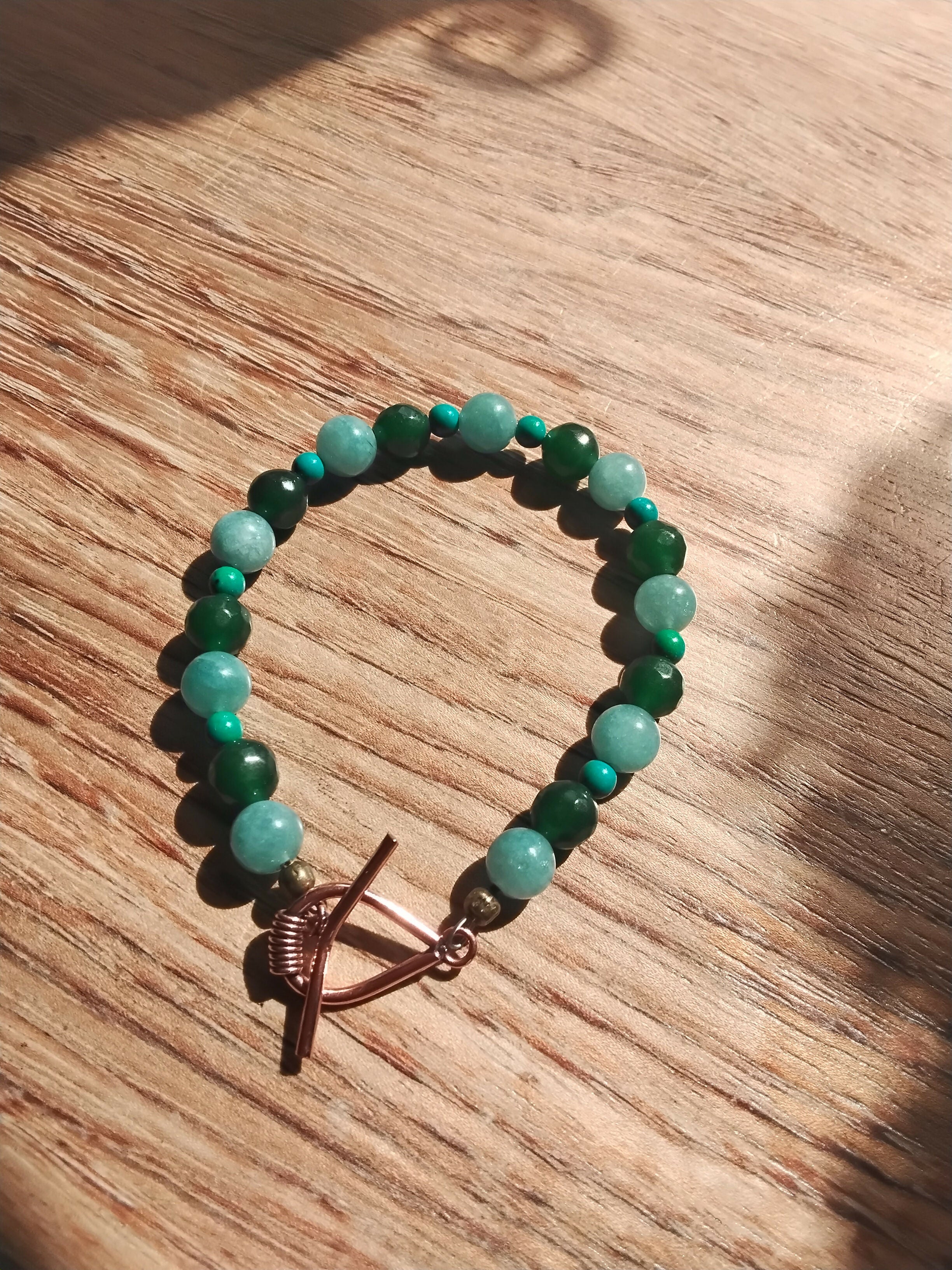 Pure Copper Toggle Catch Bracelet with Blue Chalcedony, Faceted Green Chalcedony & Chrysocolla.