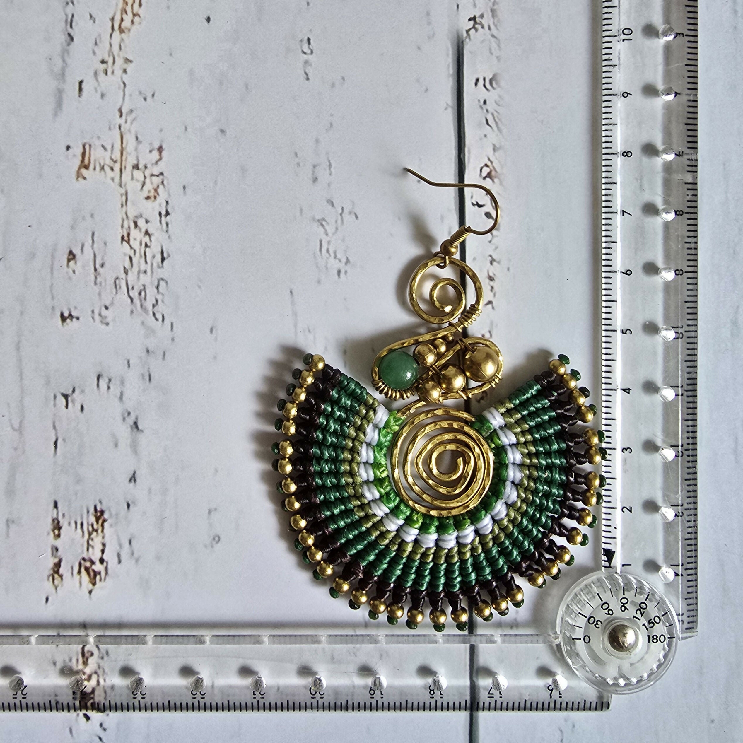 Green Jade Crystal Earrings; Full Moon Macramé Earrings With Gold Spiral & Bohemian Wirework