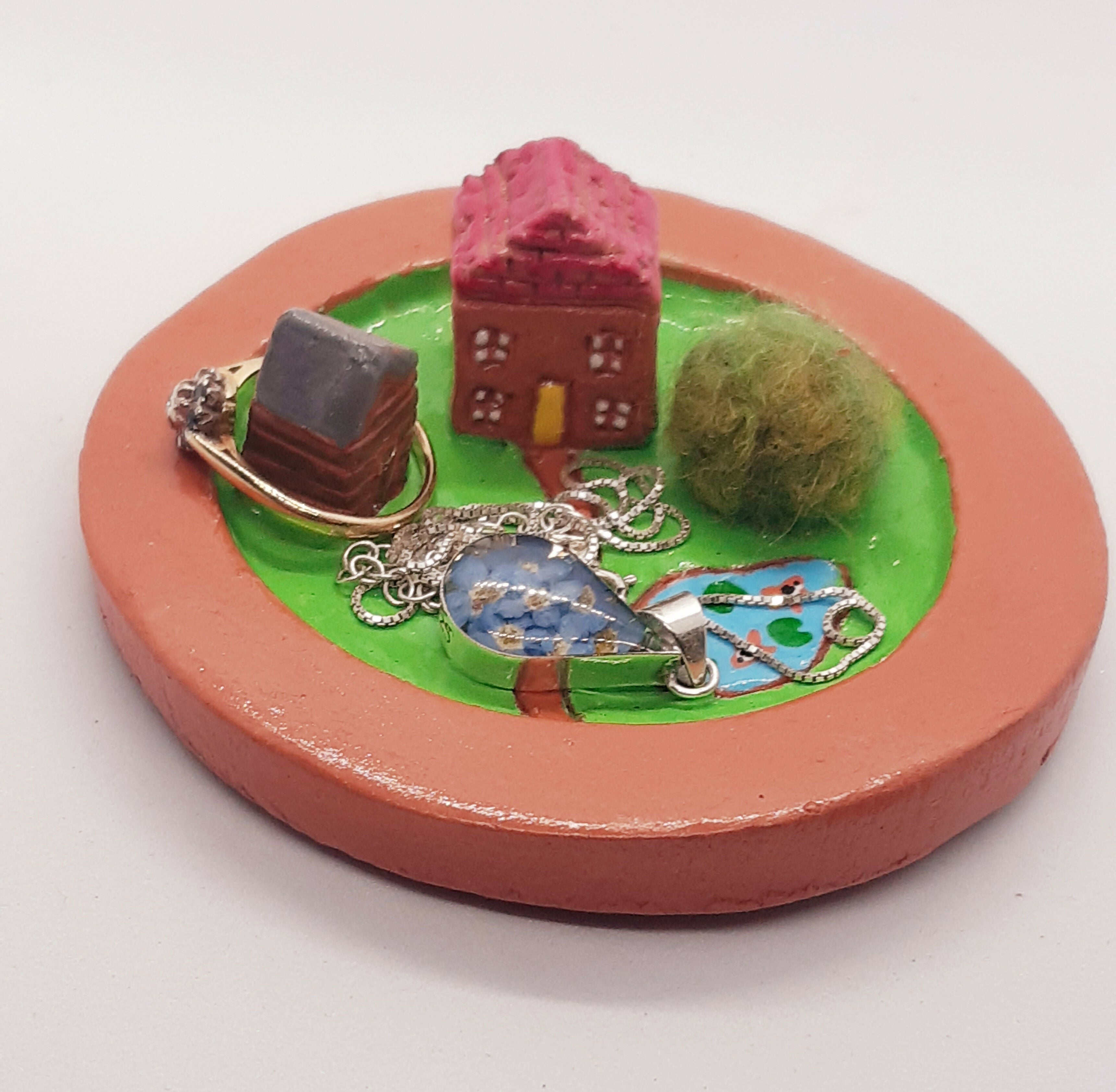 Clay House, Shed and Bush Jewellery/Trinket Dish with Pond