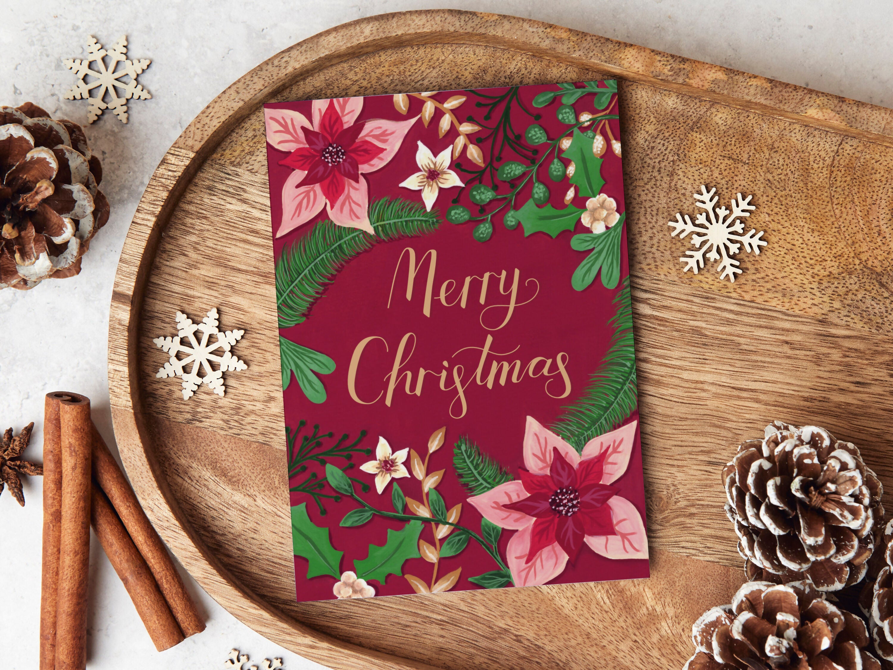 Red Floral Merry Christmas Card A6