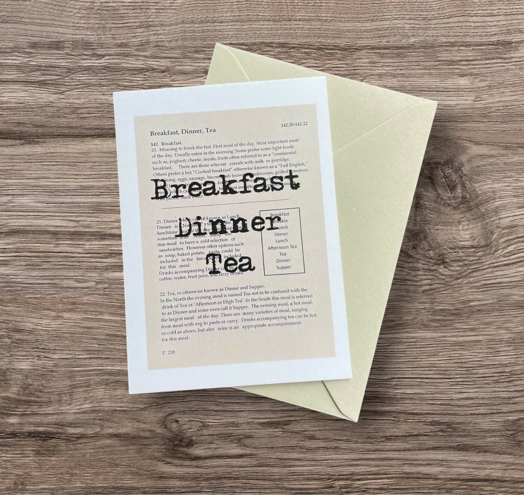 Breakfast Dinner Tea Card Dictionary
