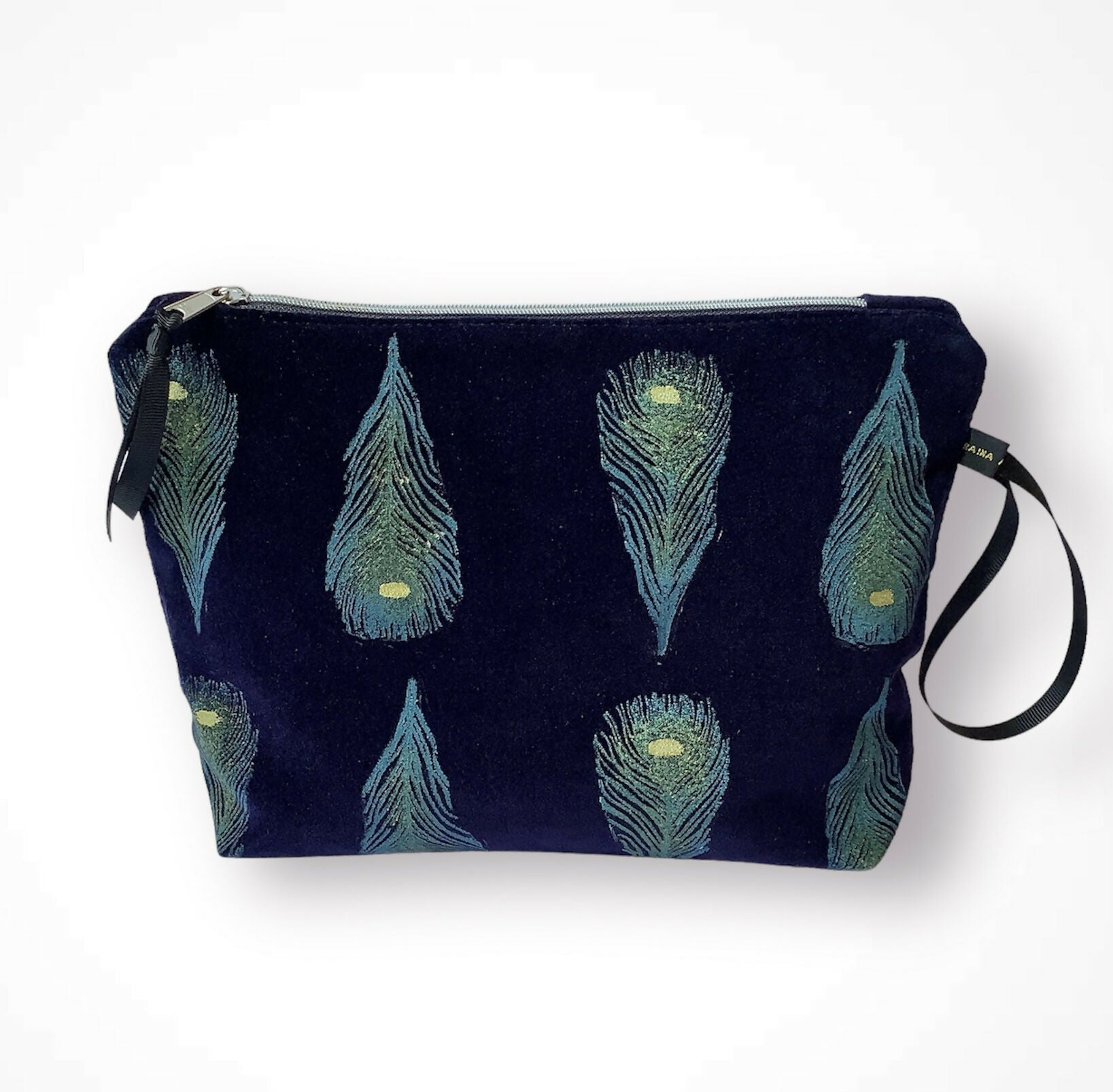 Navy Blue Peacock Feathers Velvet Makeup Bag
