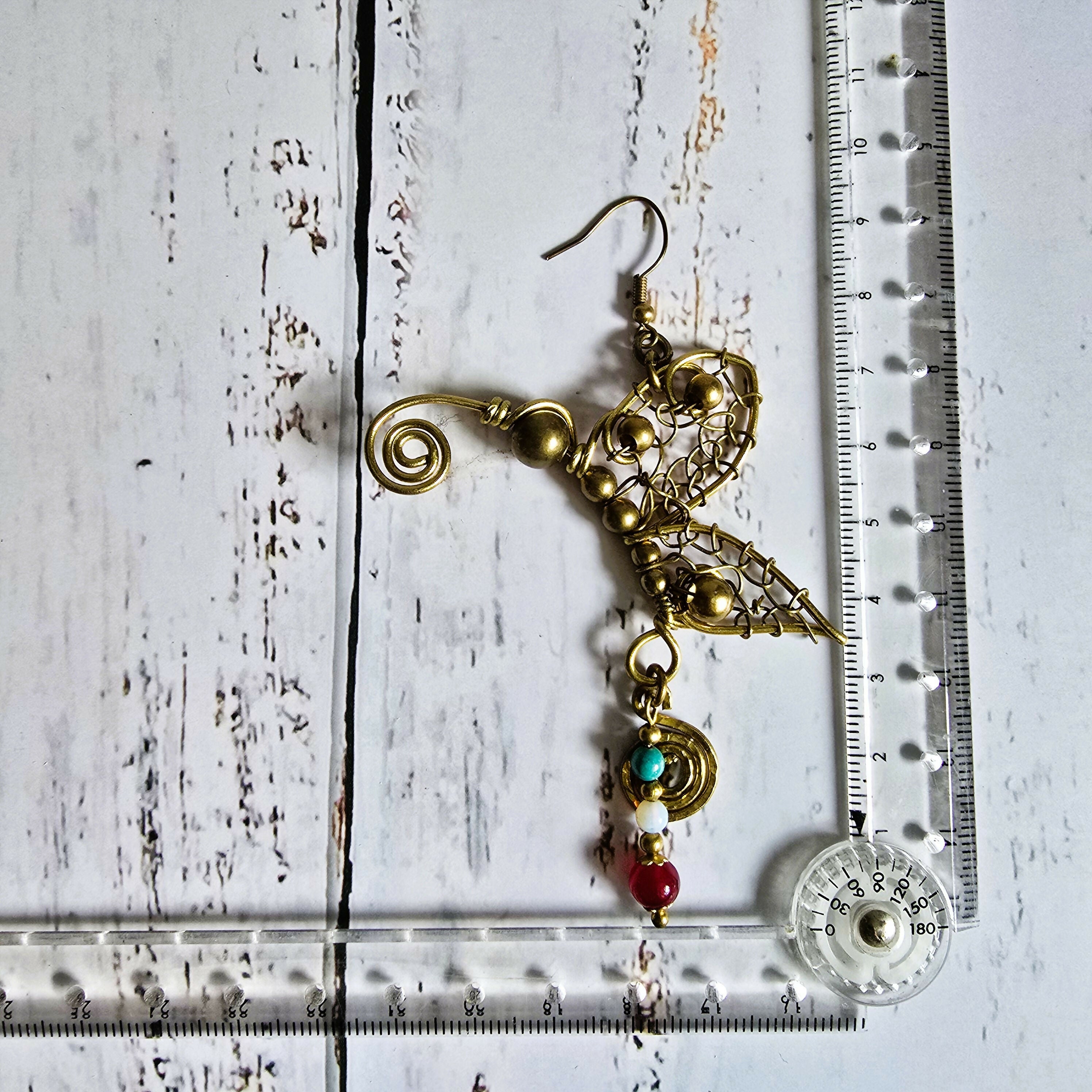 Handmade Butterfly Earrings; Intricate Wire Art With Turquoise, Moonstone & Rubellite Crystals