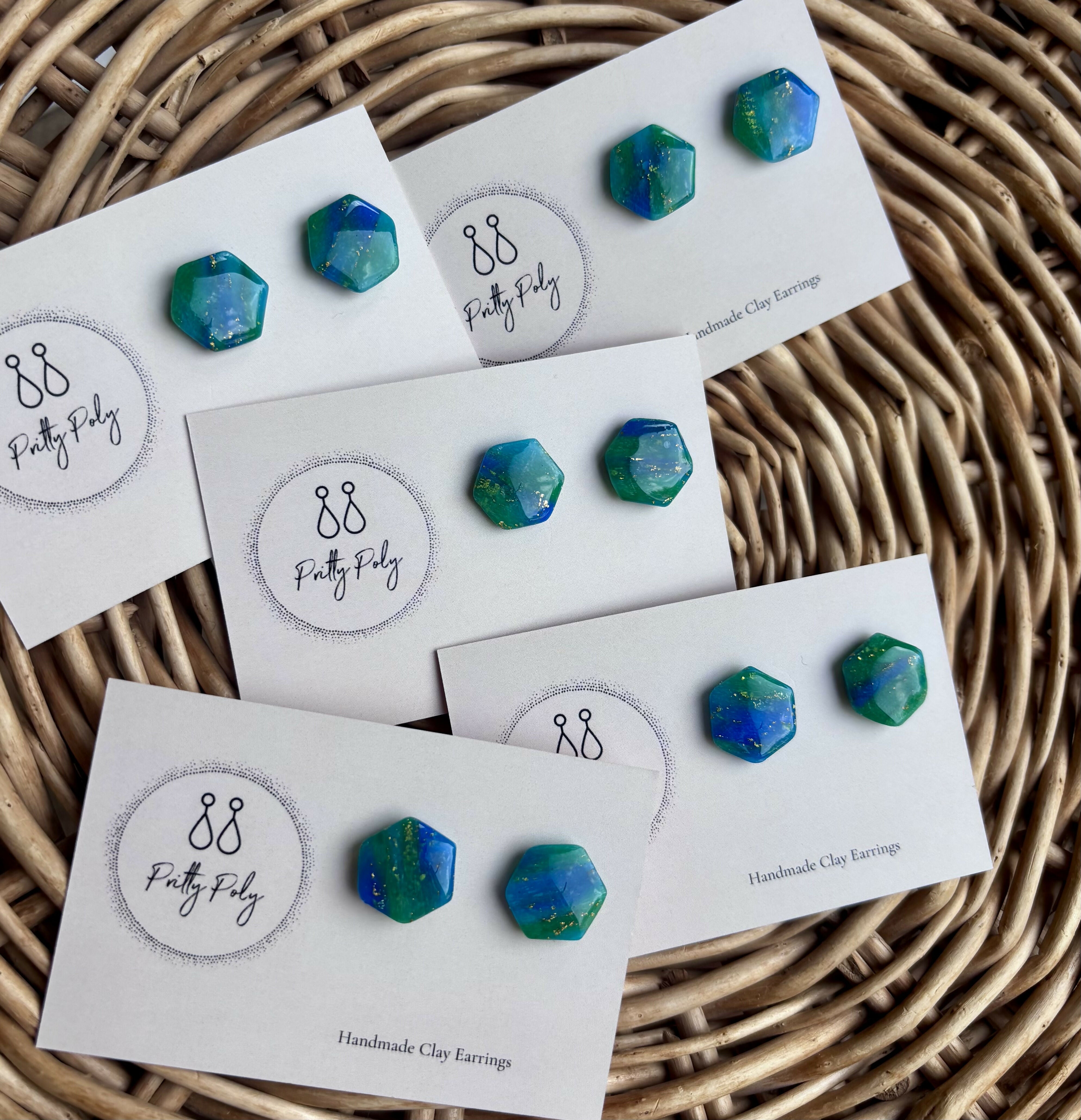 Blue and Gold Fleck Pentagon Polymer Clay Studs