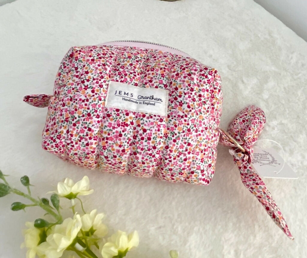 Ditsy Red Quilted Toiletry Bag with Zipper Handmade