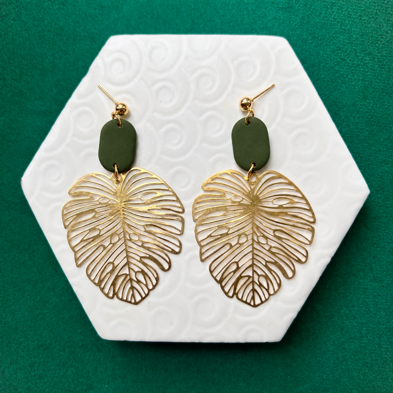 Georgia Dark Olive Green Polymer Clay & Gold Monstera Leaf Statement Earrings