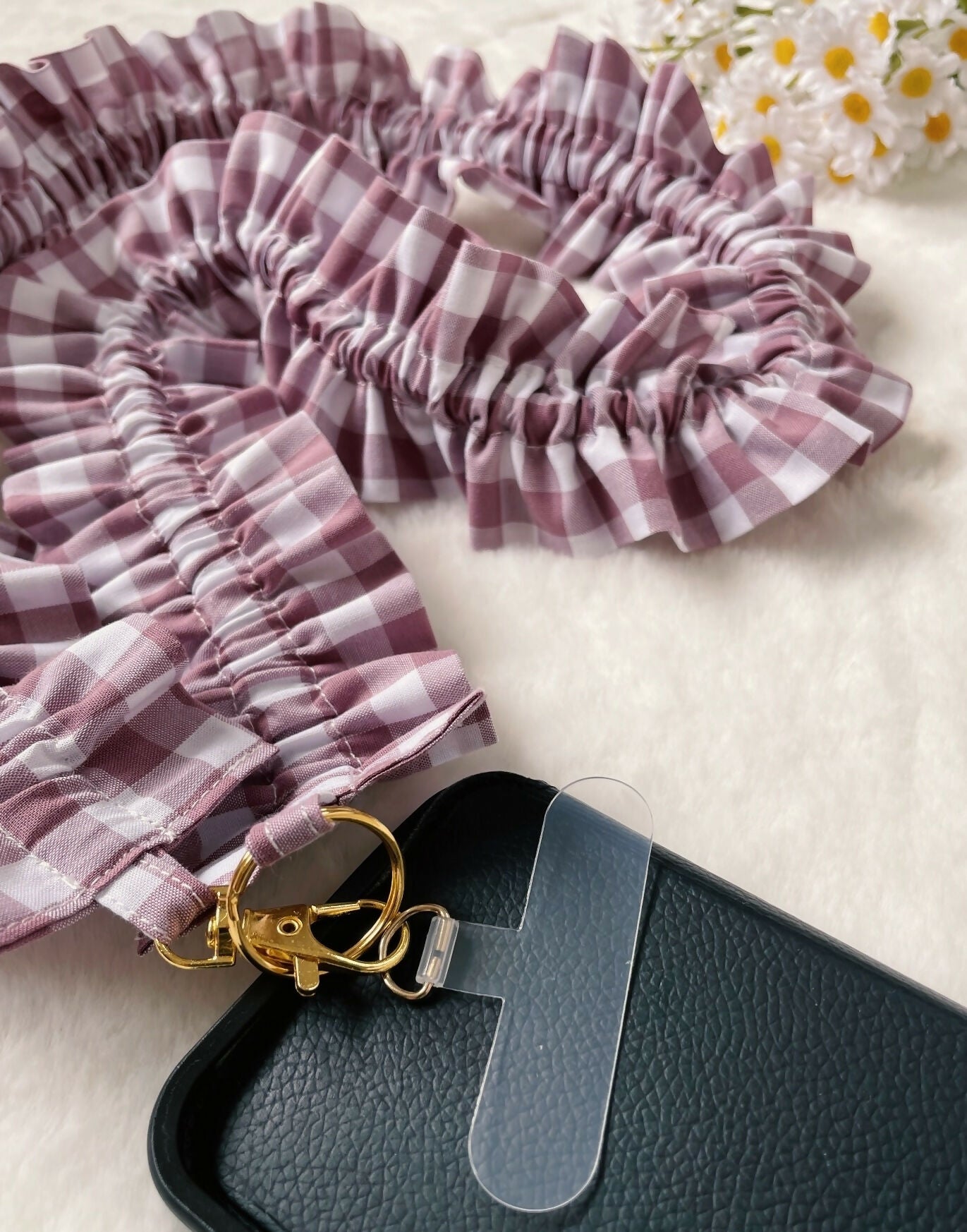 Handmade Ruffled Crossbody Phone Strap Mauve Gingham