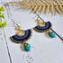Turquoise Crystal Macramé Earrings; Blue Boho Earrings With Gold Spiral Wire Art