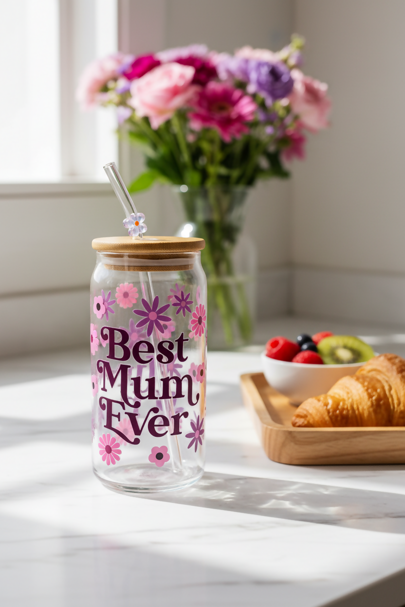 Glass Can Best Mum Ever Floral