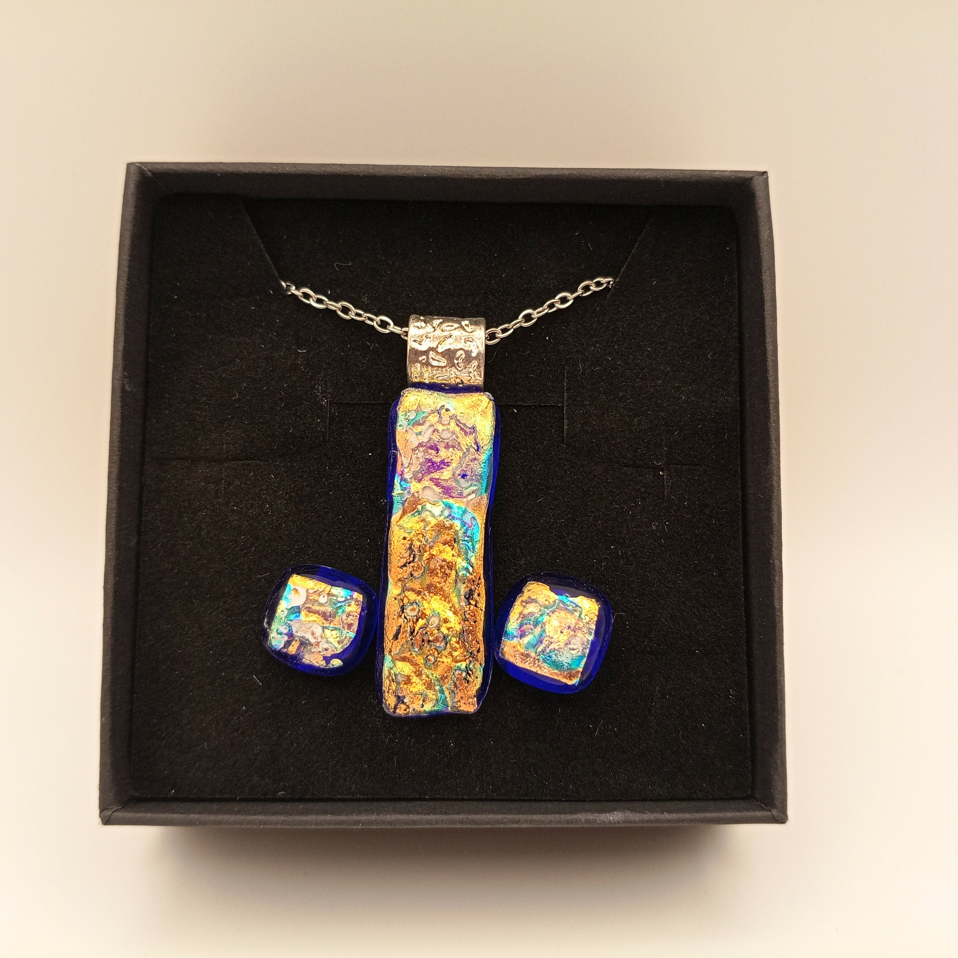 Bronze with shades of blue and Green Dichroic Pendant and matching Studs