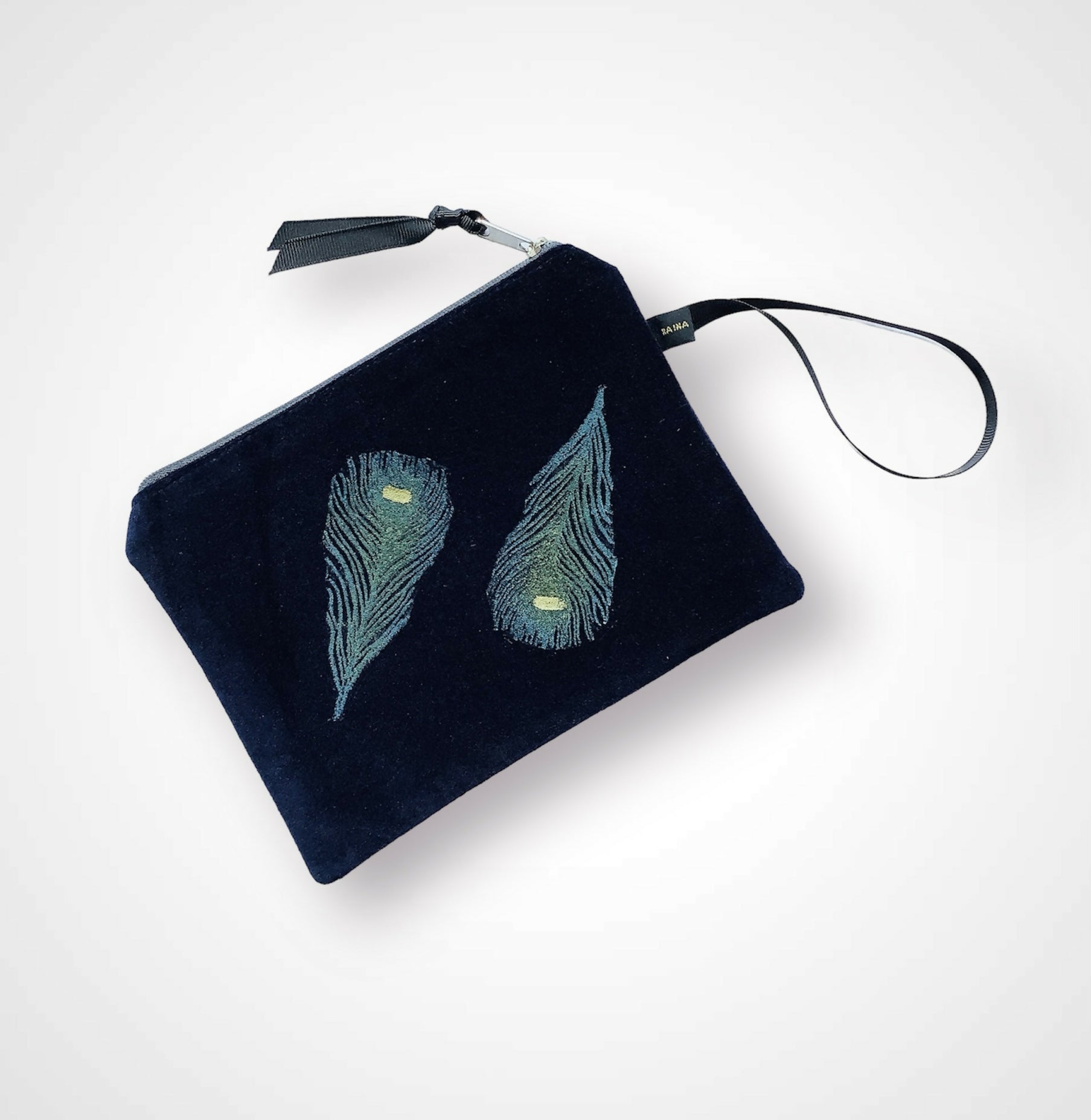 Navy Peacock Feathers Velvet Zip-Up Pouch with Wrist Strap