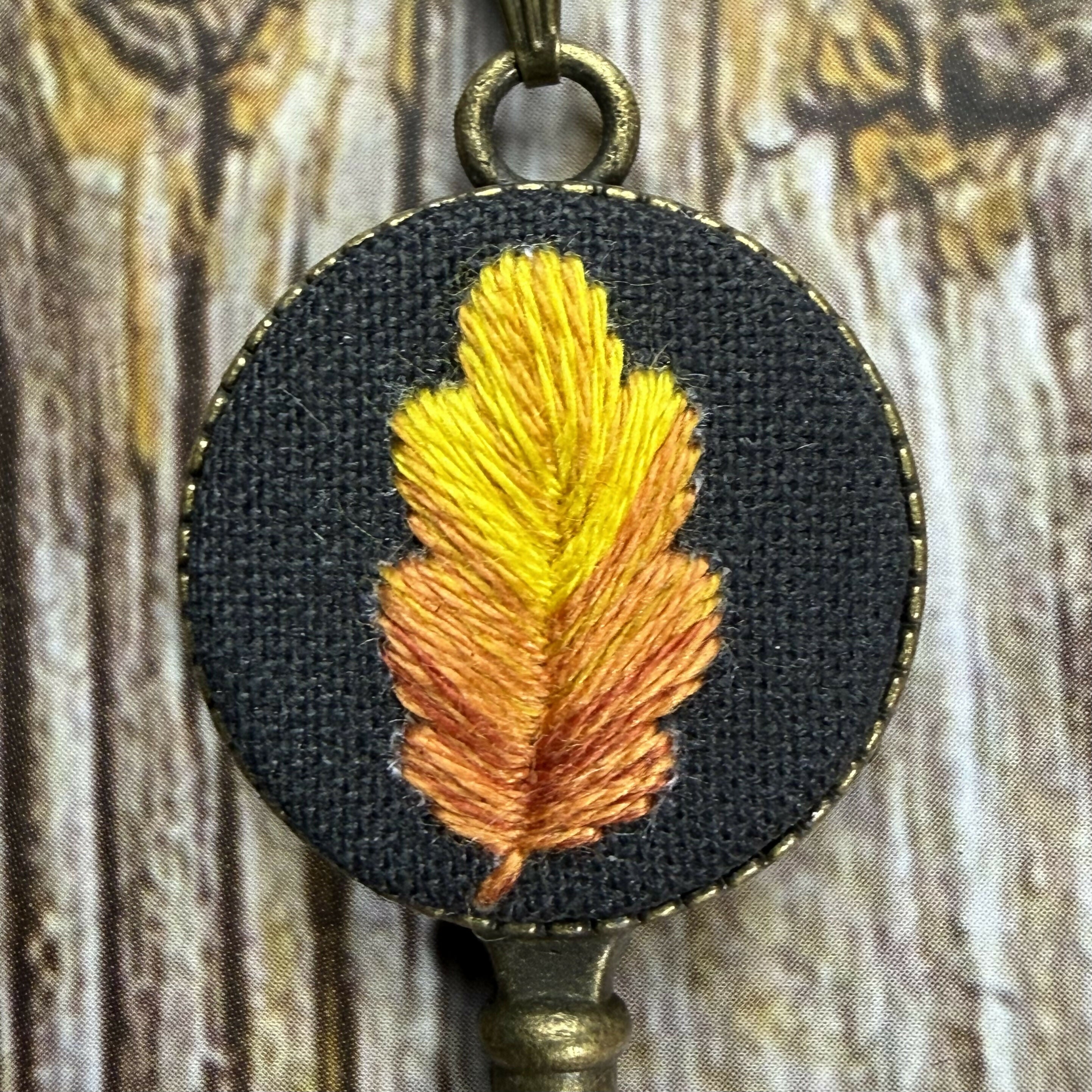 Hand Embroidered Autumnal Oak Leaf Key Necklace