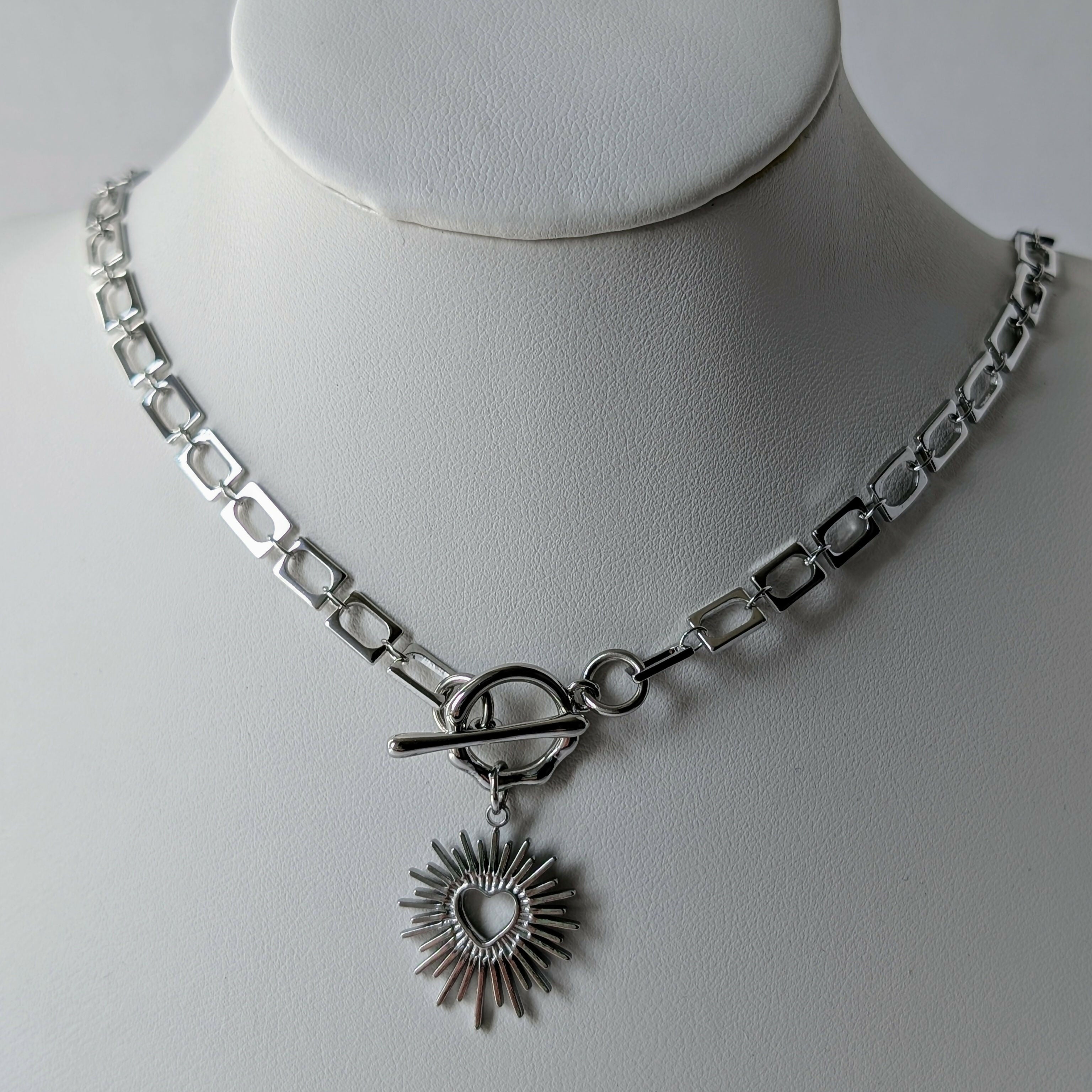 Sacred Heart Silver Toggle Necklace on Rectangular Rhodium Plated Chain