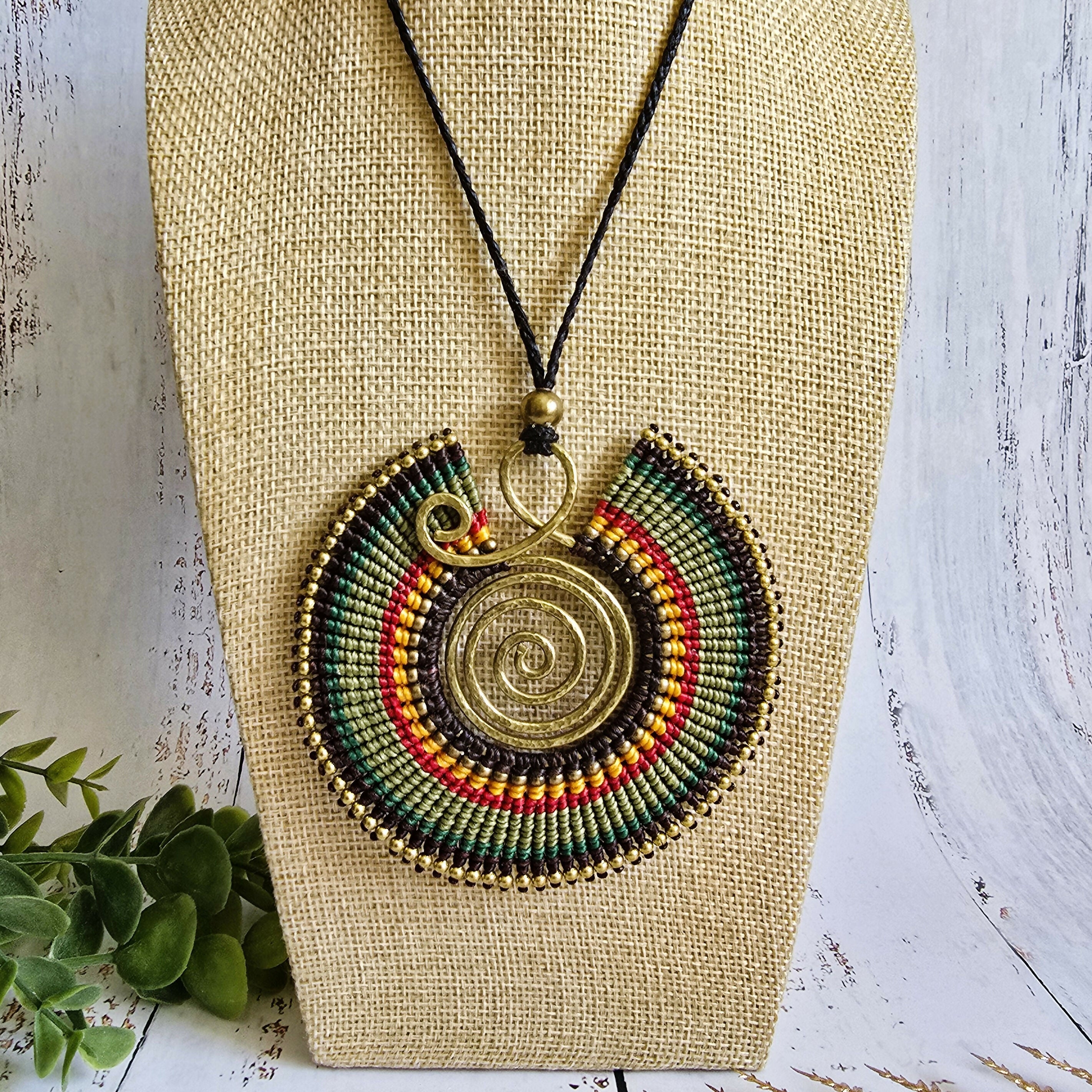 Large Green Macramé Necklace; Full Moon Boho Statement Pendant with Gold Spiral