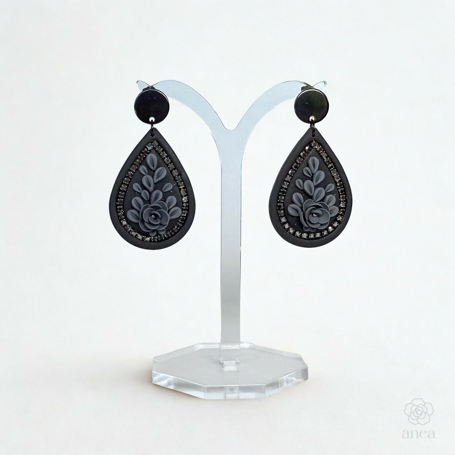 Floral Teardrop Earrings with Rhinestone Detail in Black