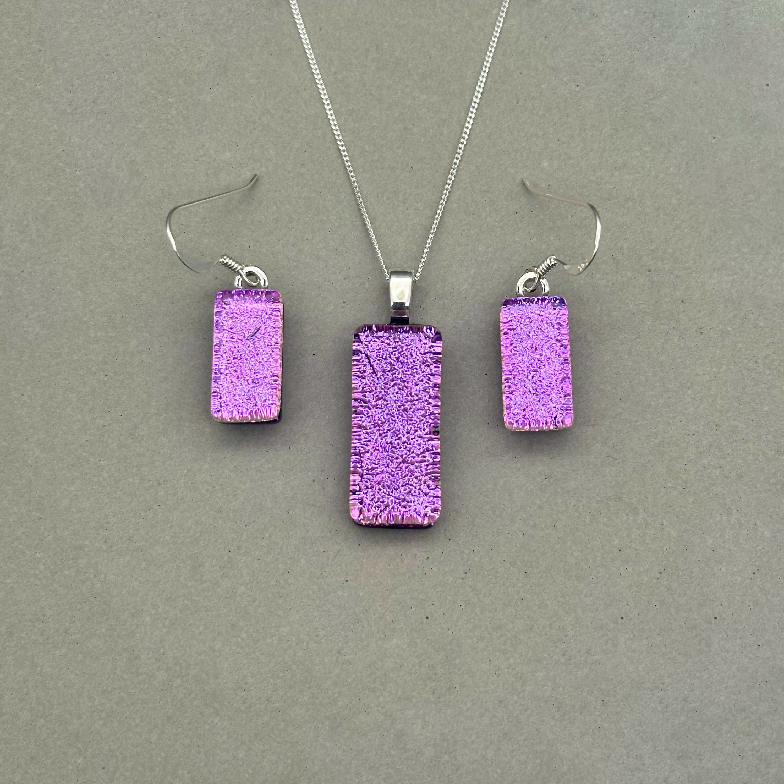 Pink Crackle Dichroic Glass Necklace and Earrings Set - Sterling Silver, Handmade by Jade Tapson Glass